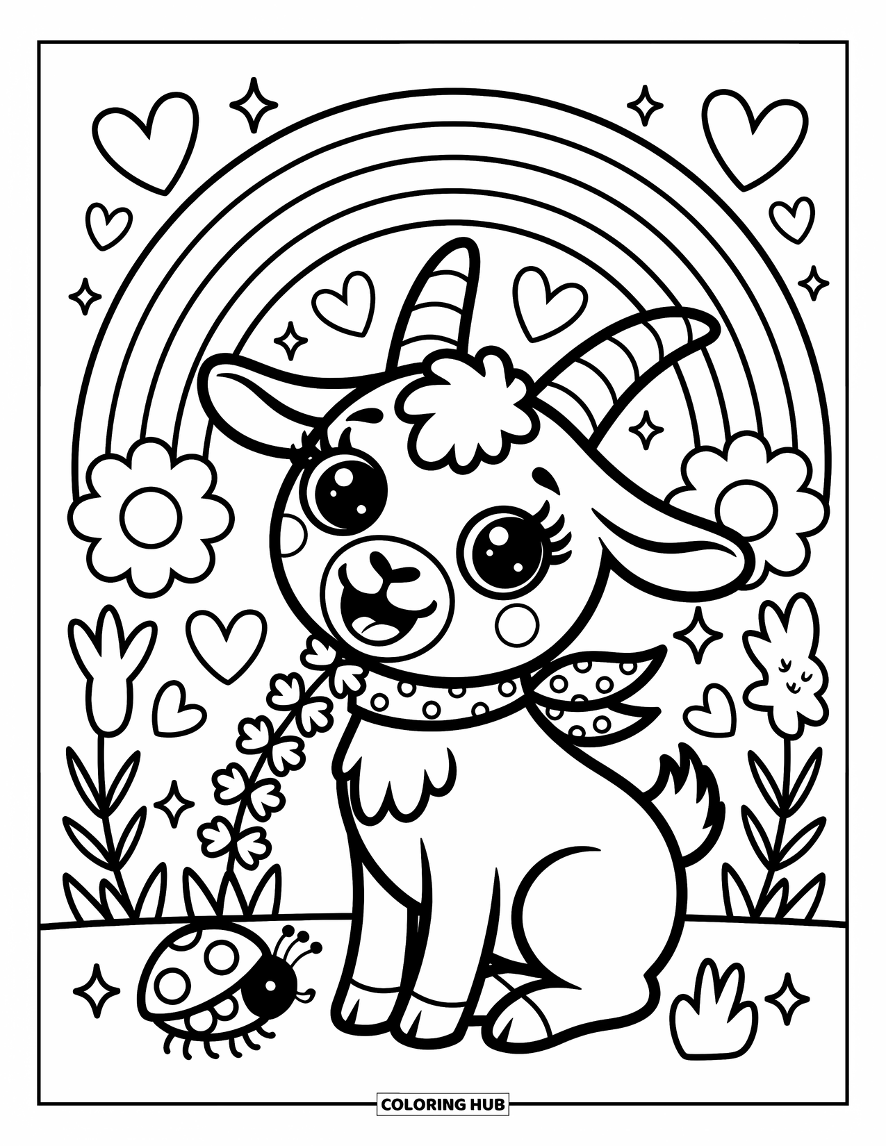 Disegno di una capra per adulti: Una capra con una sciarpa sgranocchia trifogli mentre cuori e un coniglietto riempiono la scena