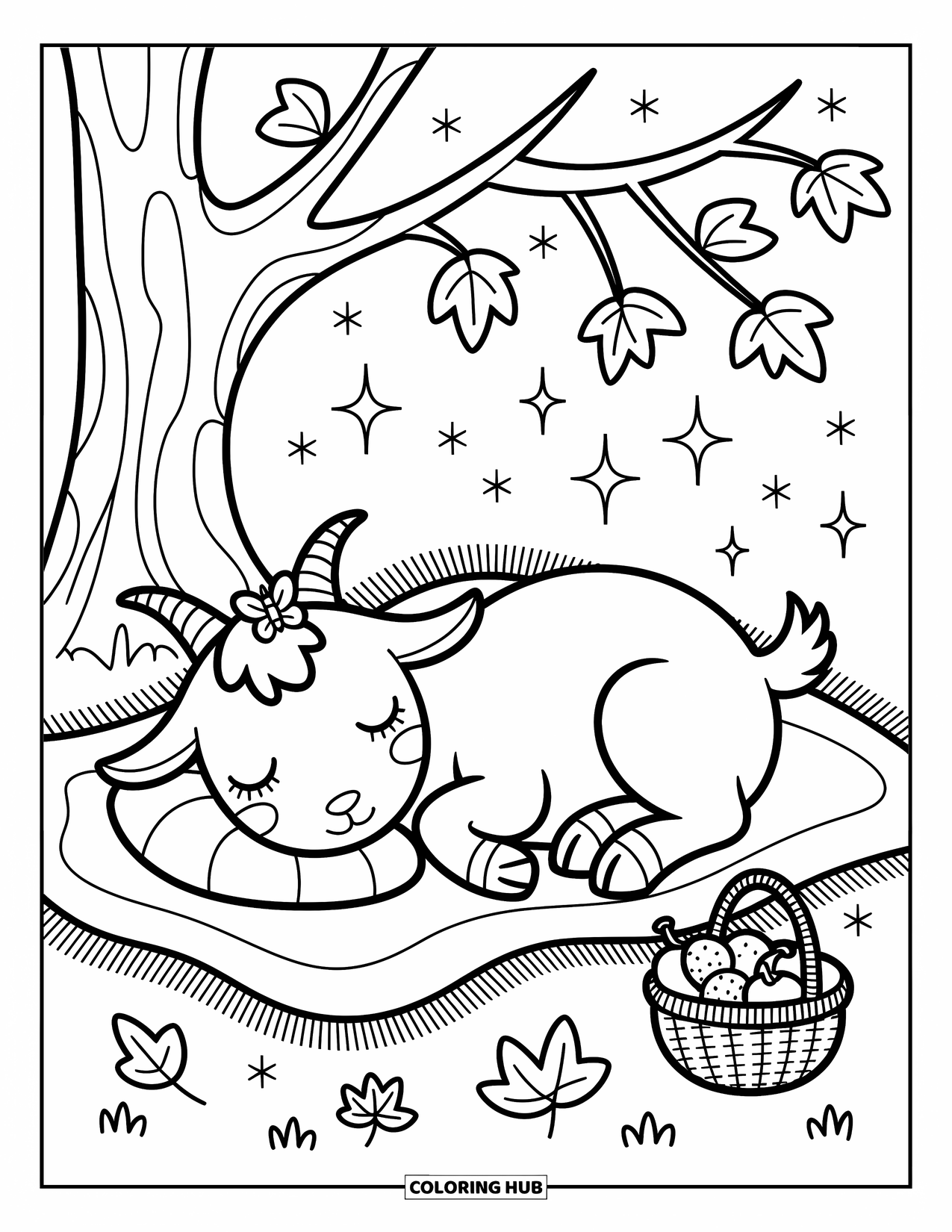 Disegno di una capra per adulti: Una capra fa un pisolino sotto un albero con frutta, foglie e scintillii tutt'intorno