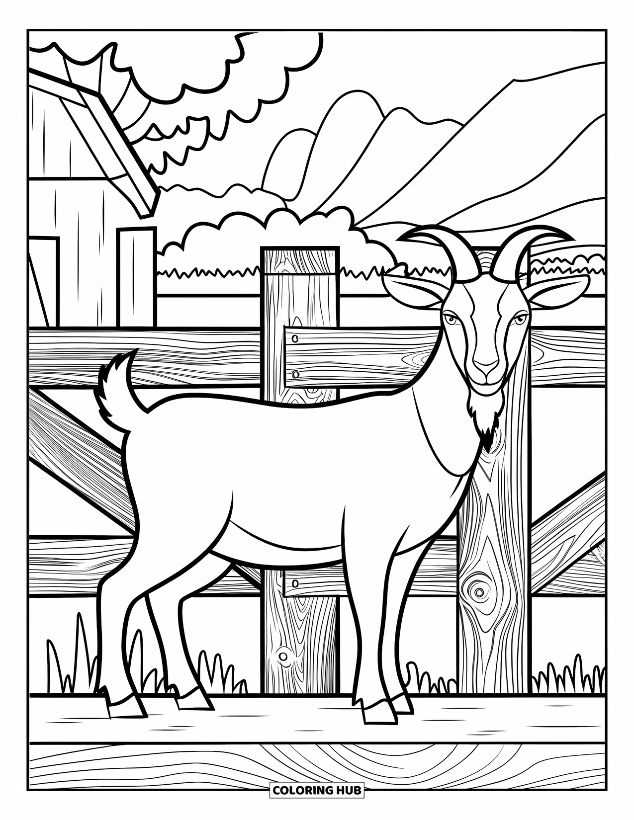 Disegno di una capra per adulti: una capra su una piattaforma di legno è circondata da recinzioni decorate, fienili e alberi
