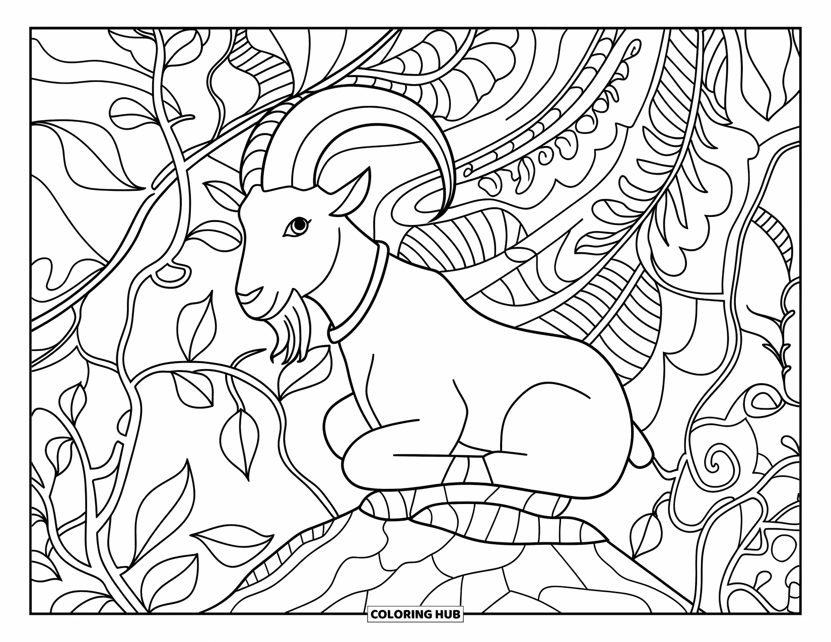 Disegno di una capra per adulti: una capra riposa su una roccia circondata da viti, foglie e motivi naturali vorticosi