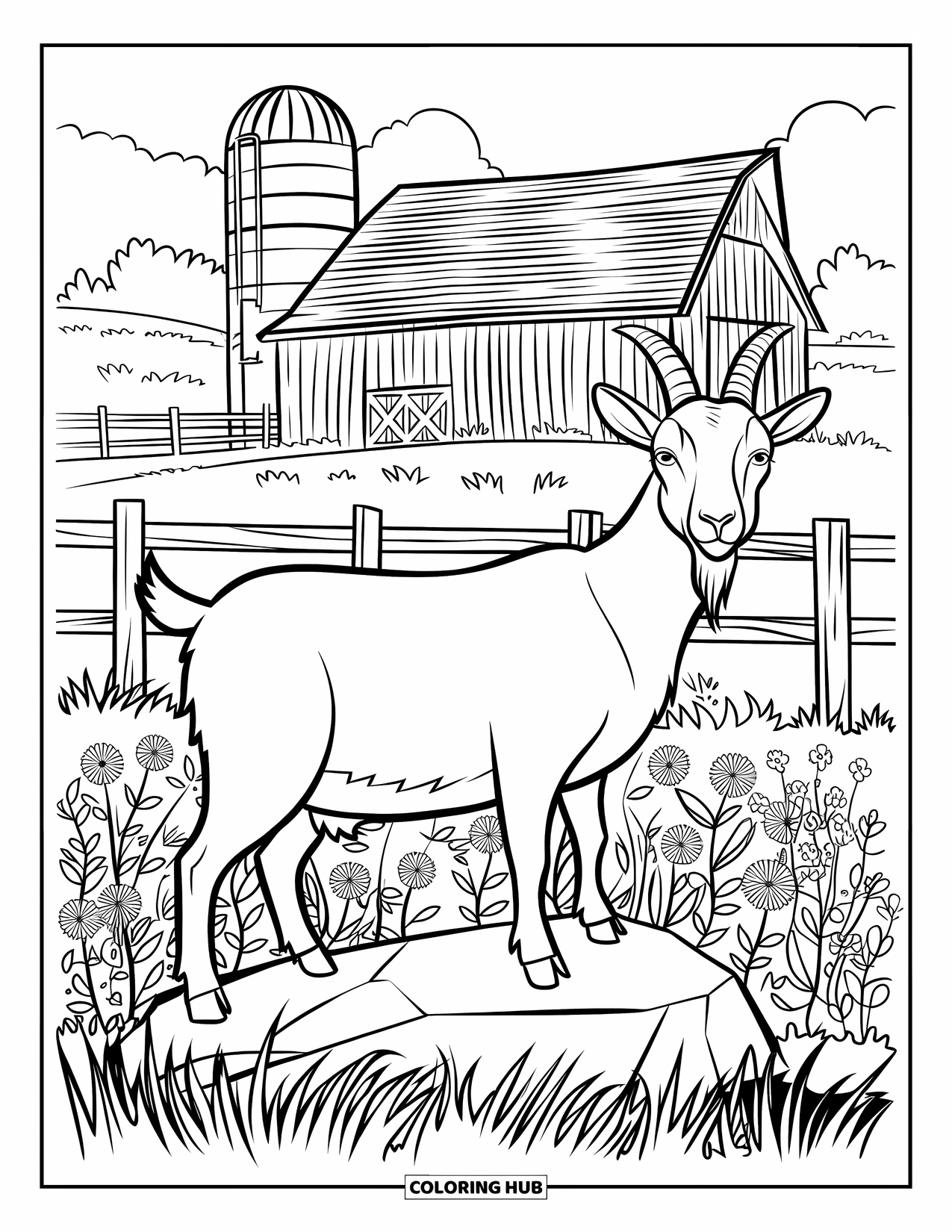 Disegno di una capra per adulti: una capra si erge in un campo vicino a un fienile, una recinzione e gruppi di fiori di campo