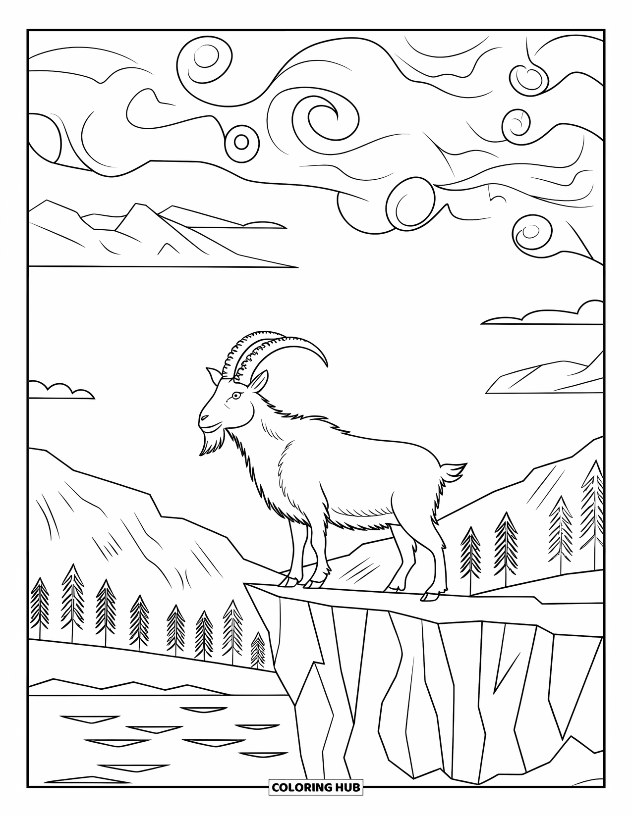 Disegno di una capra per adulti: una capra si erge su una scogliera sotto nuvole vorticose e pietre decorate