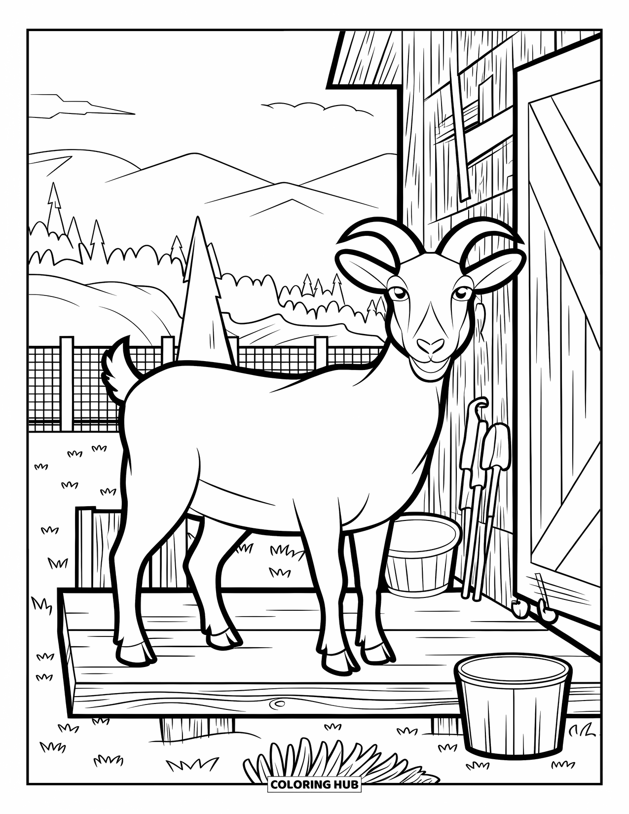 Disegno di una capra per adulti: una capra si erge su una piattaforma accanto a un fienile con strumenti e dettagli rustici della fattoria
