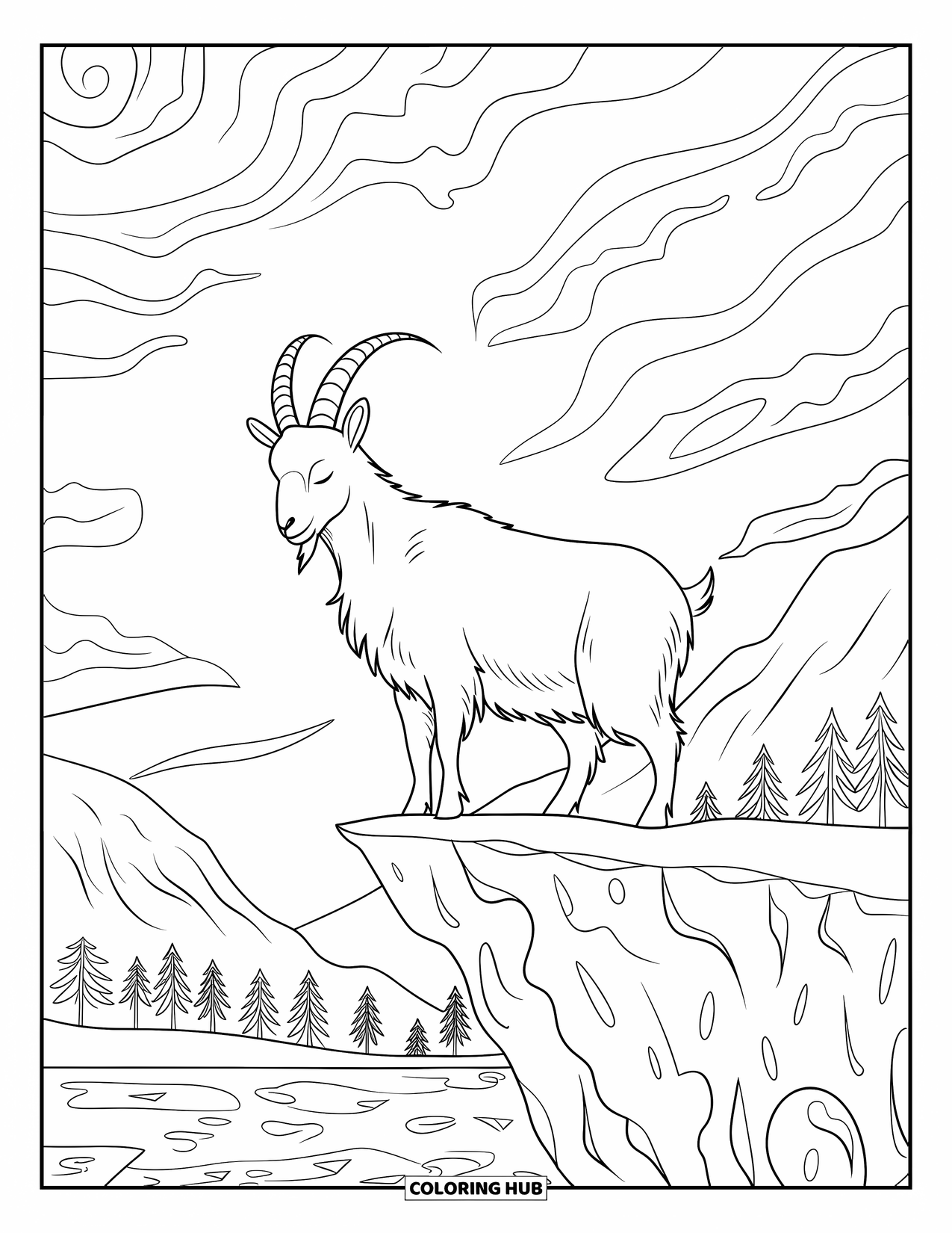 Disegno di una capra per adulti: una capra si erge pacificamente su una scogliera con vortici nel cielo e intricate trame rocciose