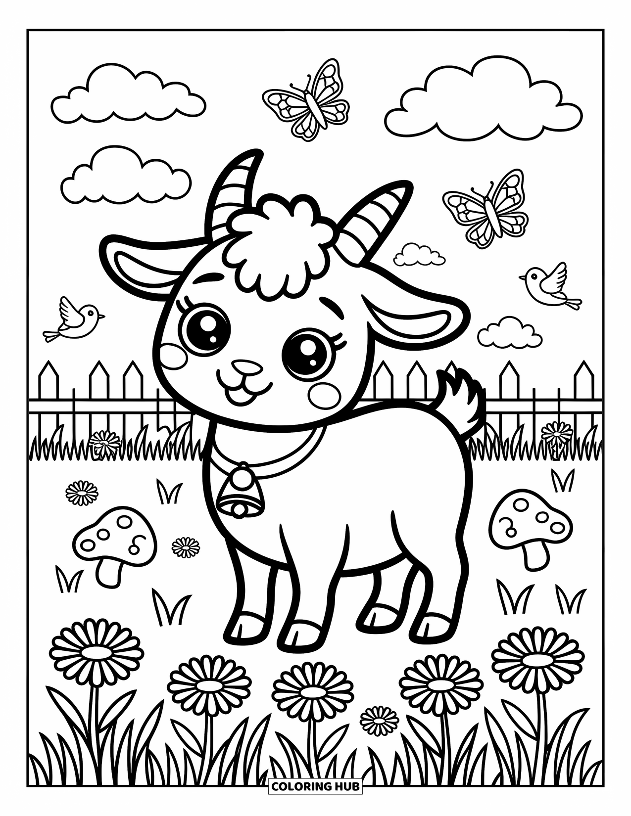 Disegno di una capra per adulti: Una capra con un campanello si trova in un prato di margherite con farfalle e uccelli
