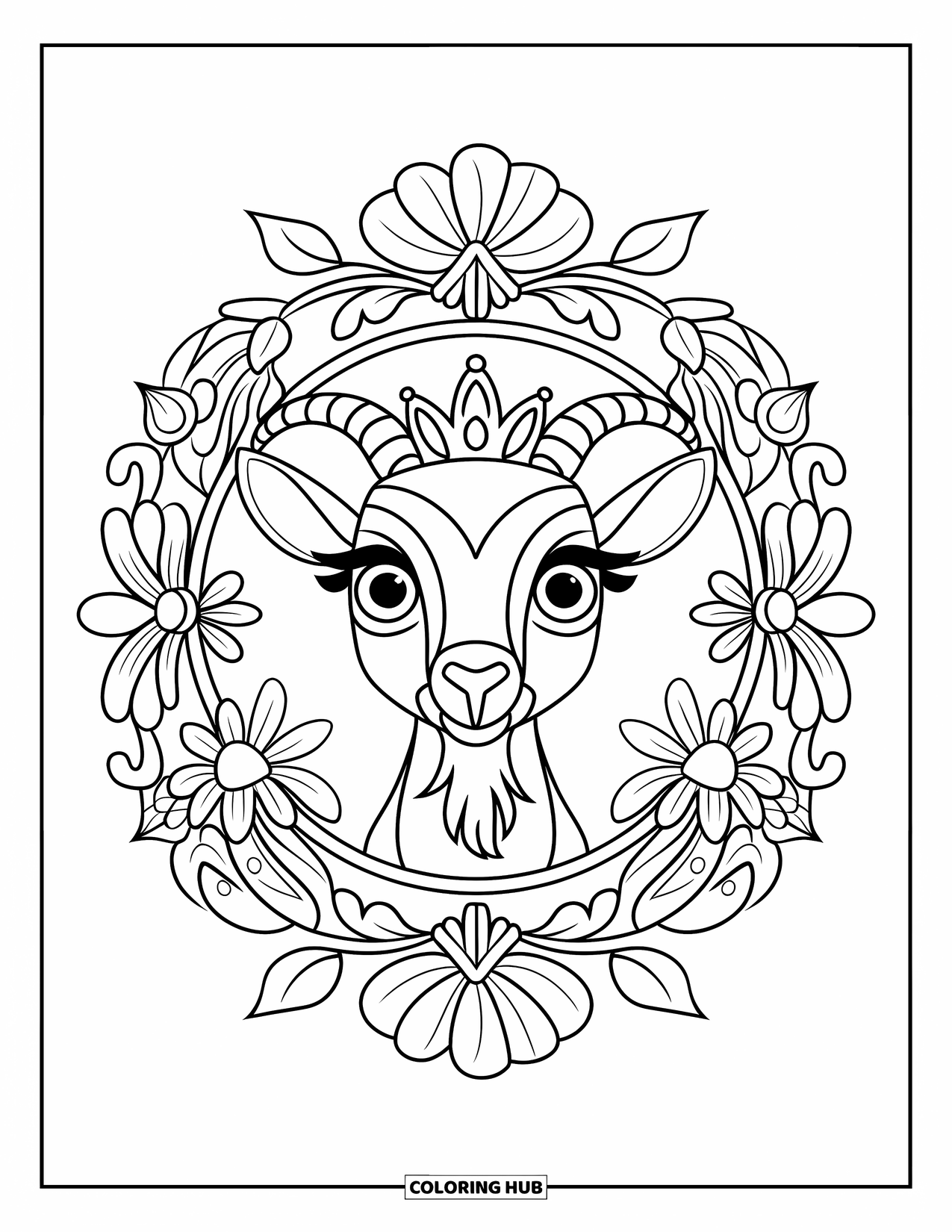 Disegno di una capra per adulti: una capra con grandi occhi e una corona riposa all'interno di un mandala pieno di fiori