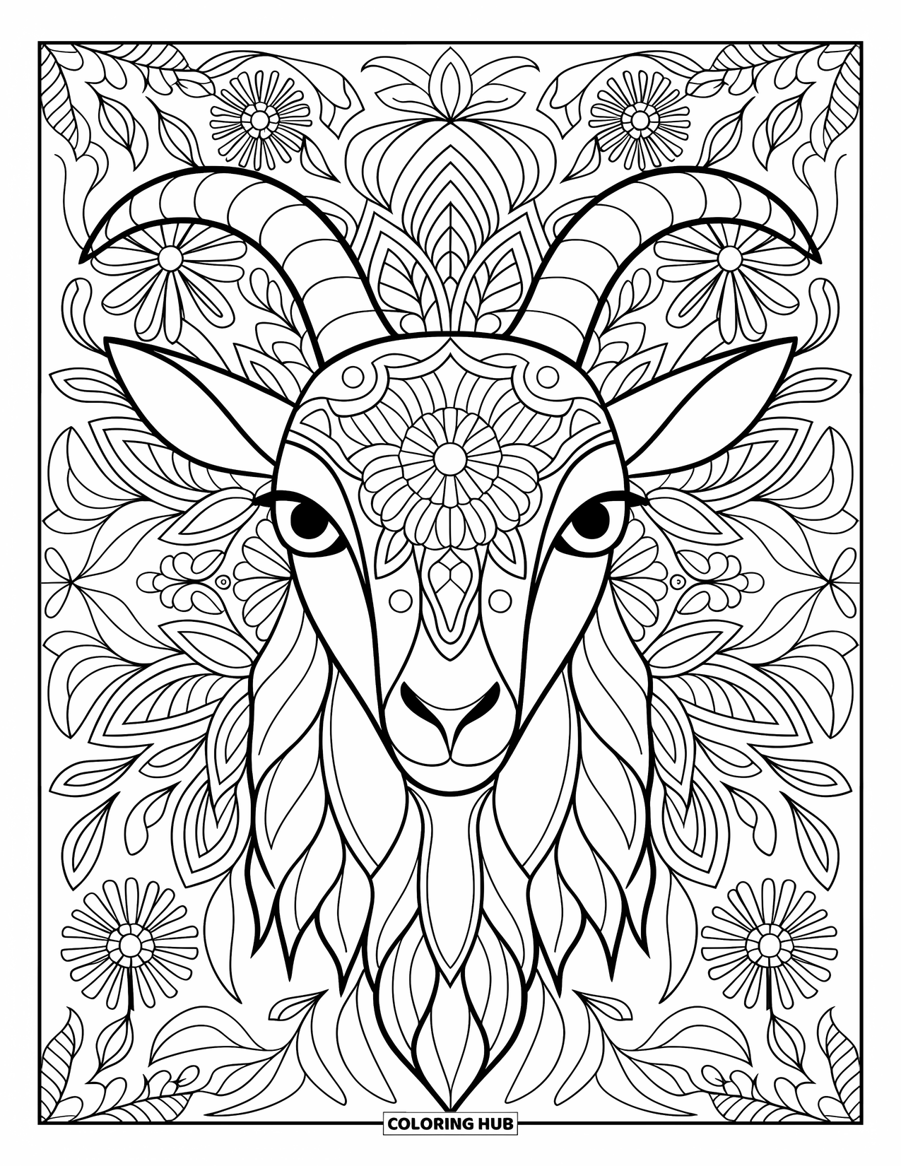 Disegno di una capra per adulti: una capra con corna curve siede al centro di un mandala floreale e simmetrico