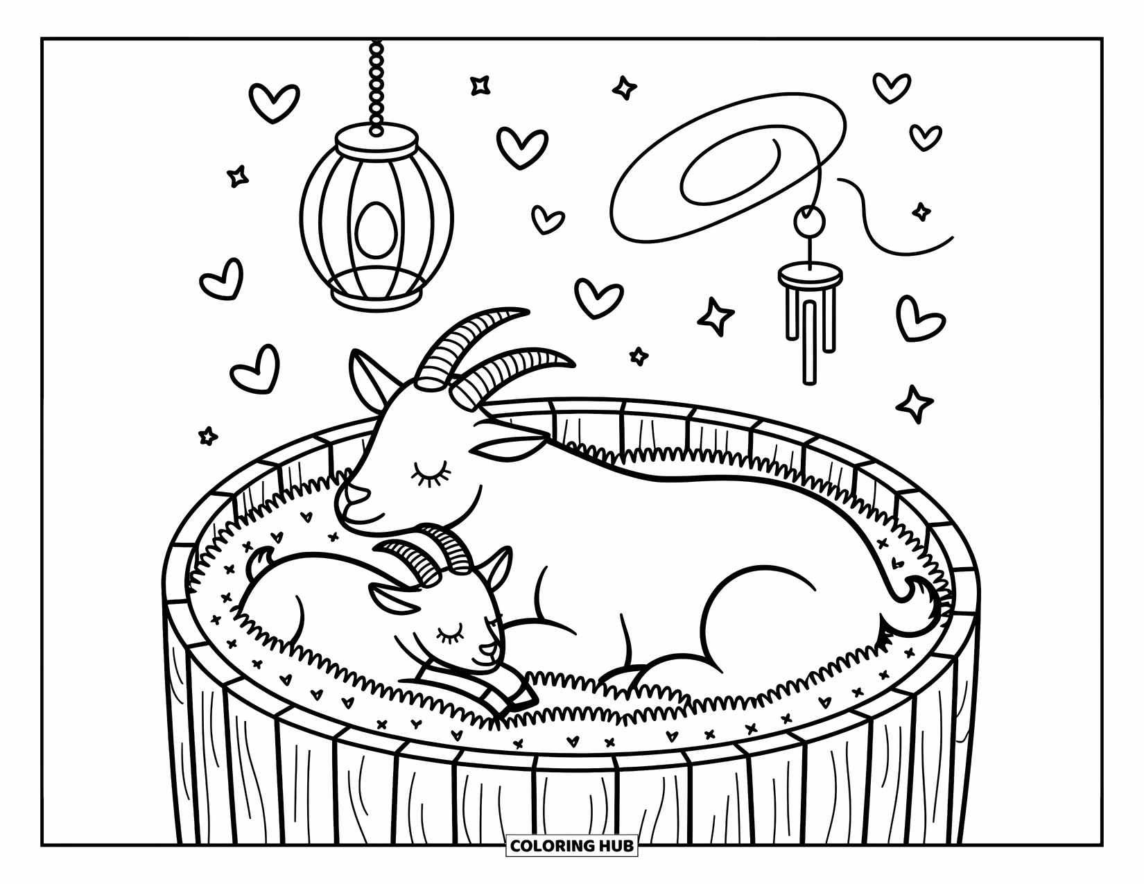 Disegno di una capra per adulti: Una mamma capra e il suo bambino si coccolano in un recinto accogliente sotto una lanterna luminosa