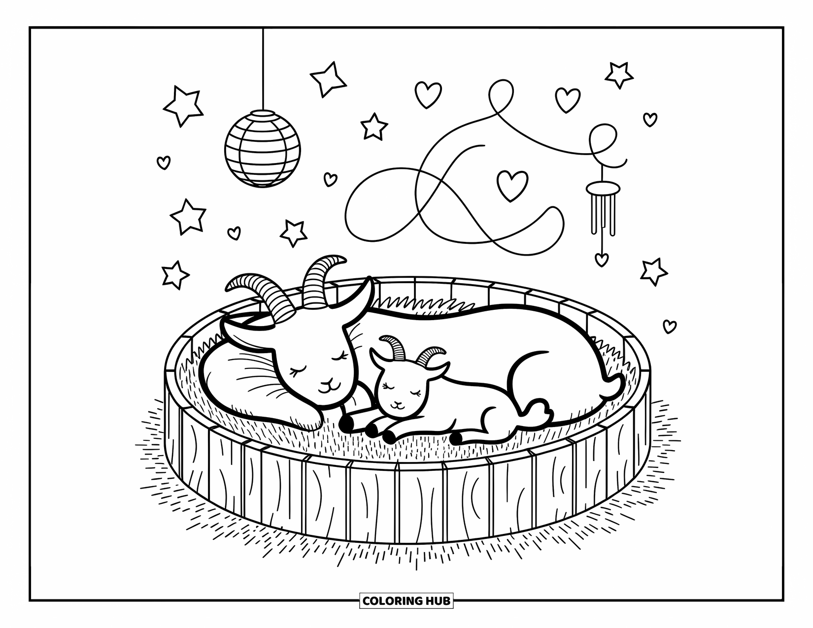 Disegno di una capra per adulti: Una mamma capra e il suo bambino riposano sul fieno sotto una lanterna, circondati da stelle e cuori