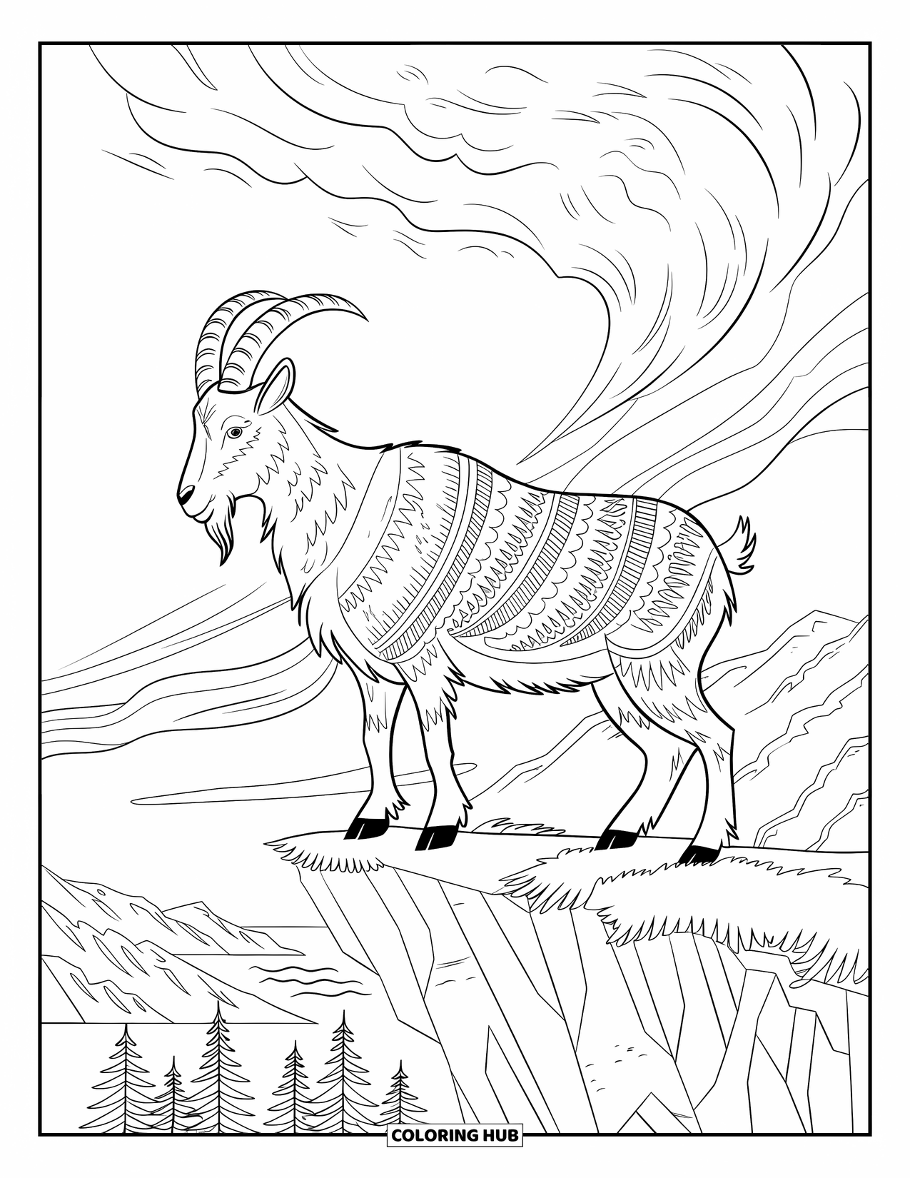 Disegno di una capra per adulti: una capra di montagna si erge alta su una scogliera con cielo vorticoso e disegni rocciosi