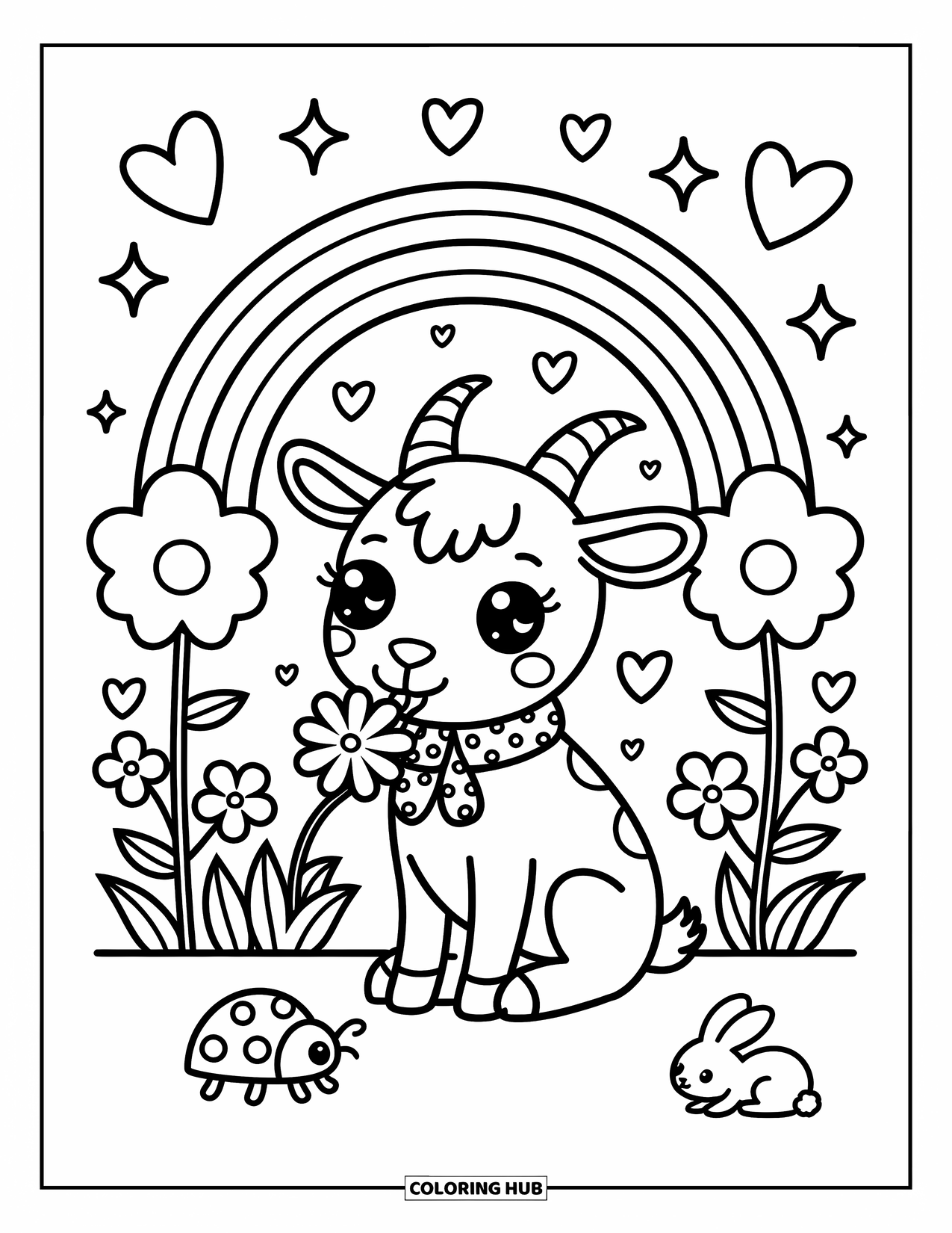 Disegno di una capra per adulti: Una capra con una sciarpa a pois sgranocchia trifogli mentre un coniglietto e una coccinella guardano