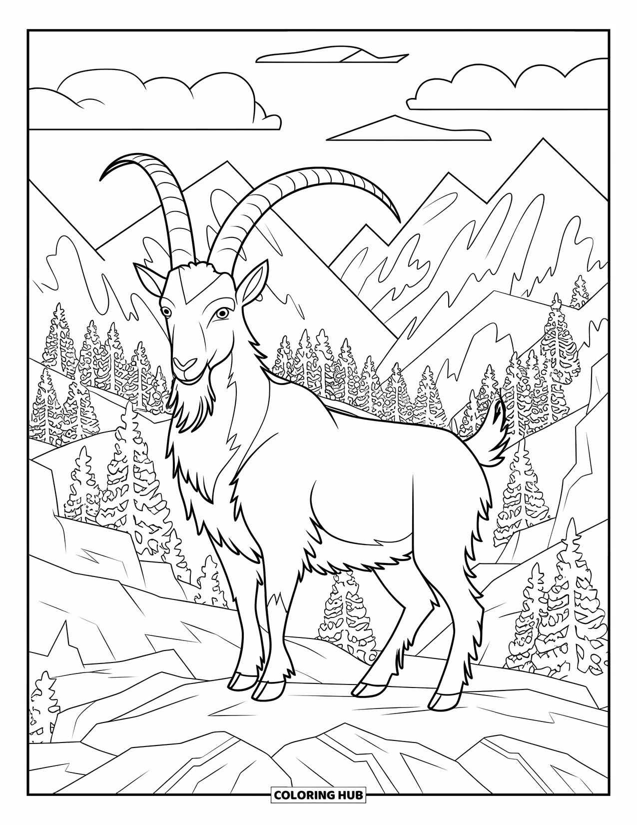 Disegno di una capra per adulti: una capra orgogliosa si erge tra cime montuose e alberi imponenti in una foresta