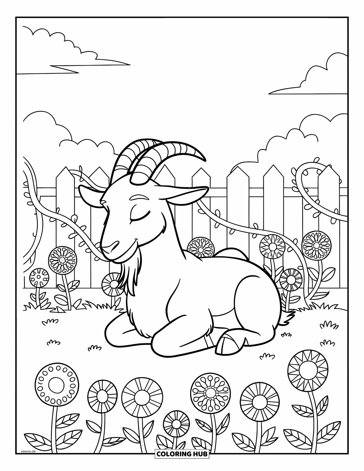 Disegno di una capra per adulti: una capra a riposo siede in un giardino decorato con fiori, viti e una recinzione