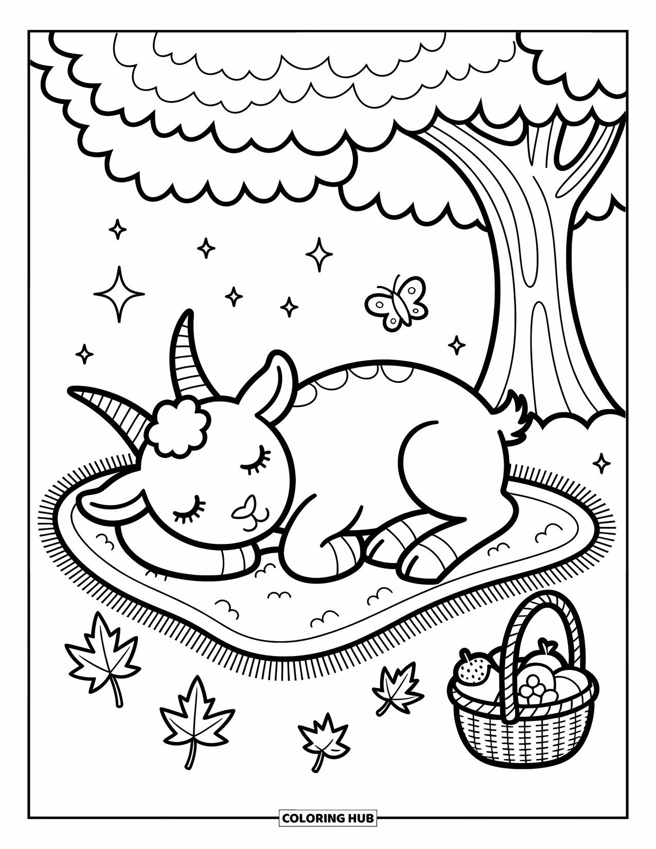 Disegno di una capra per adulti: Una capra assonnata fa un pisolino su una coperta sotto un albero con una farfalla sulla testa