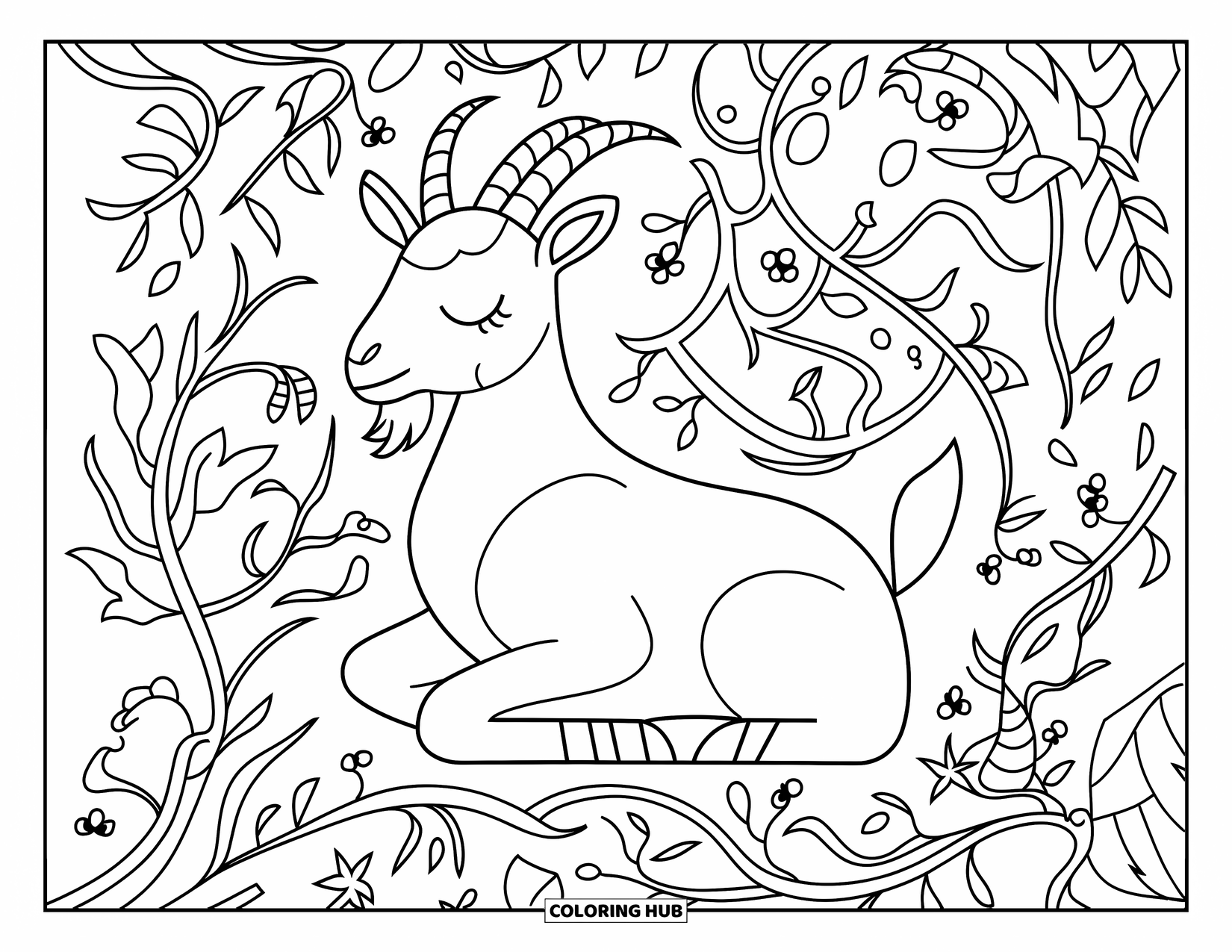 Disegno di una capra per adulti: una capra assonnata siede tra viti, foglie, bacche e fiori dettagliati