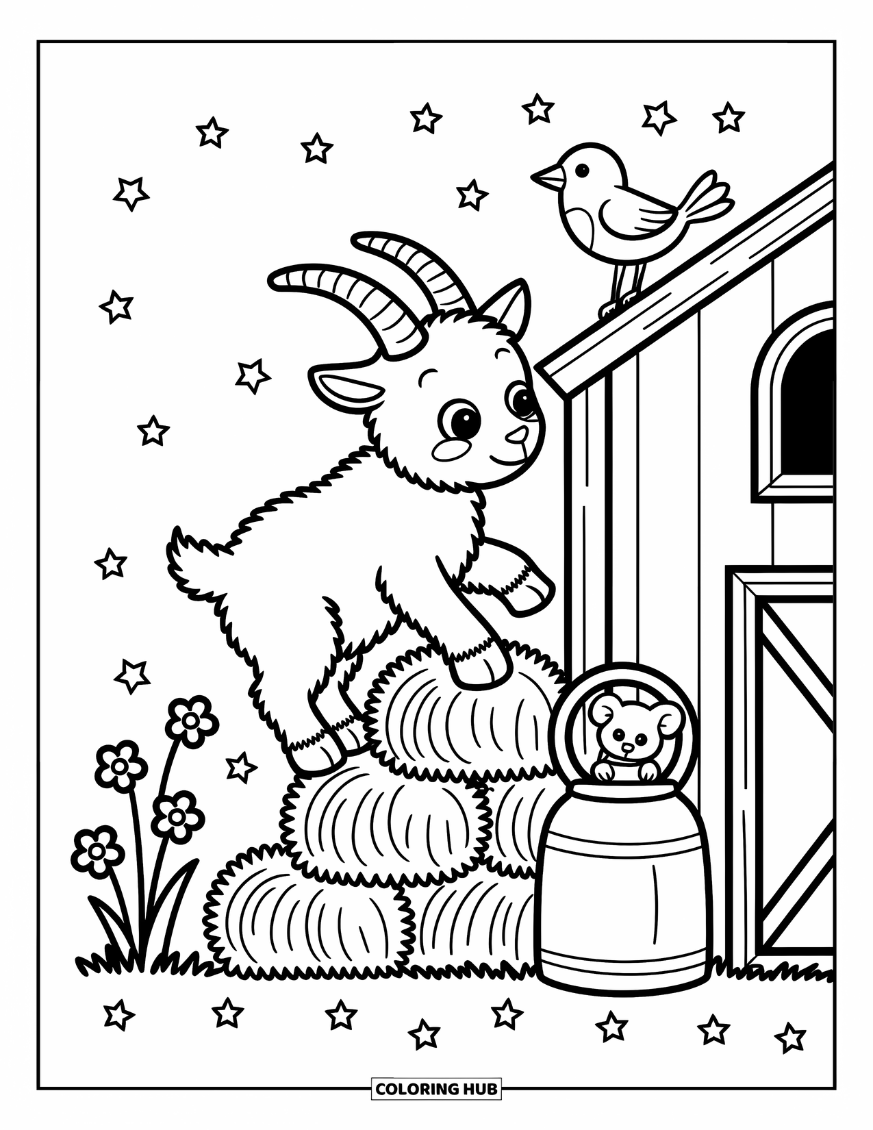 Disegno di una capra per adulti: Una piccola capra si arrampica su balle di fieno vicino a un fienile con fiori, stelle e turbinii intorno