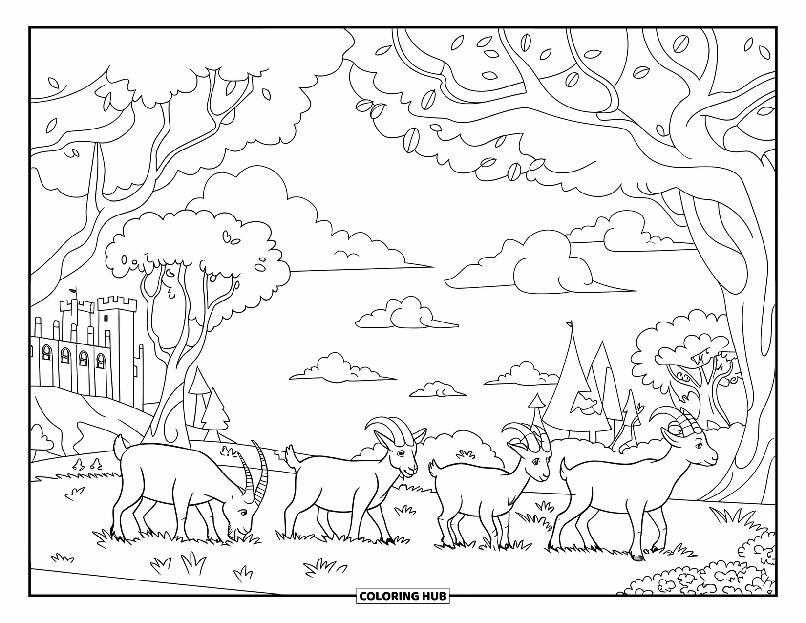 Disegno di una capra per adulti: capre di ogni tipo pascolano sotto alberi decorati con un castello sullo sfondo