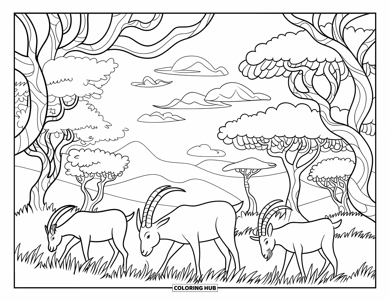 Disegno di una capra per adulti: capre riposano sotto alberi intricati con cieli pieni di nuvole e paesaggi montani