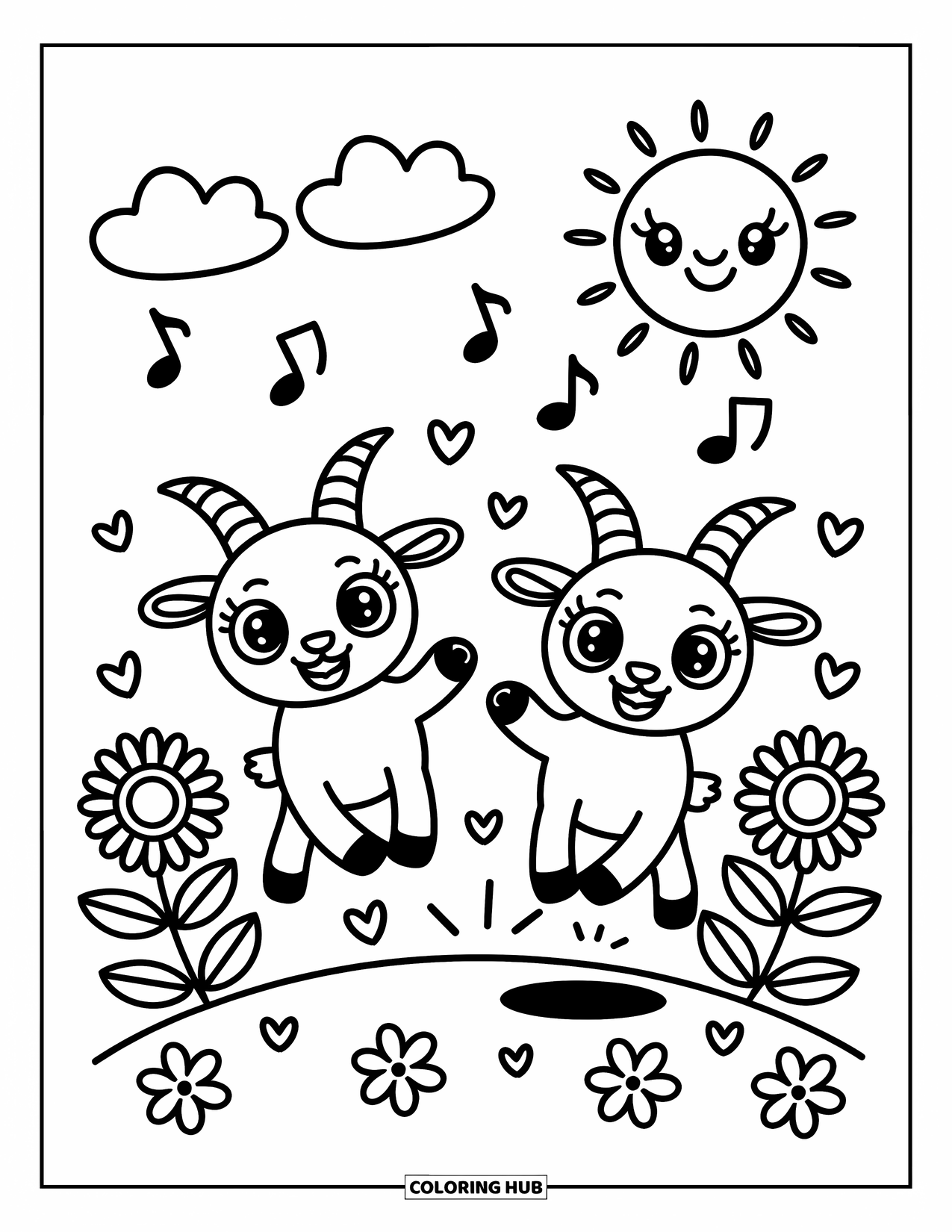 Disegno di una capra per adulti: Due capre felici saltano su una collina con girasoli, note musicali e cuori