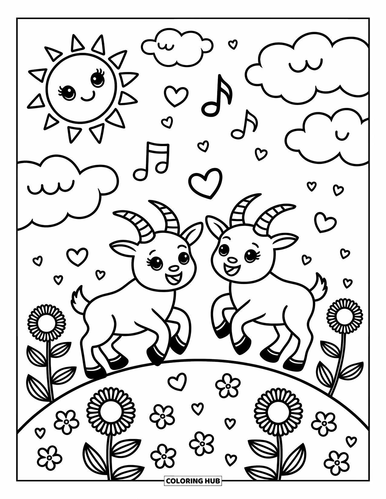 Disegno di una capra per adulti: Due capre giocose saltano sopra i fiori con un sole sorridente e cuori fluttuanti