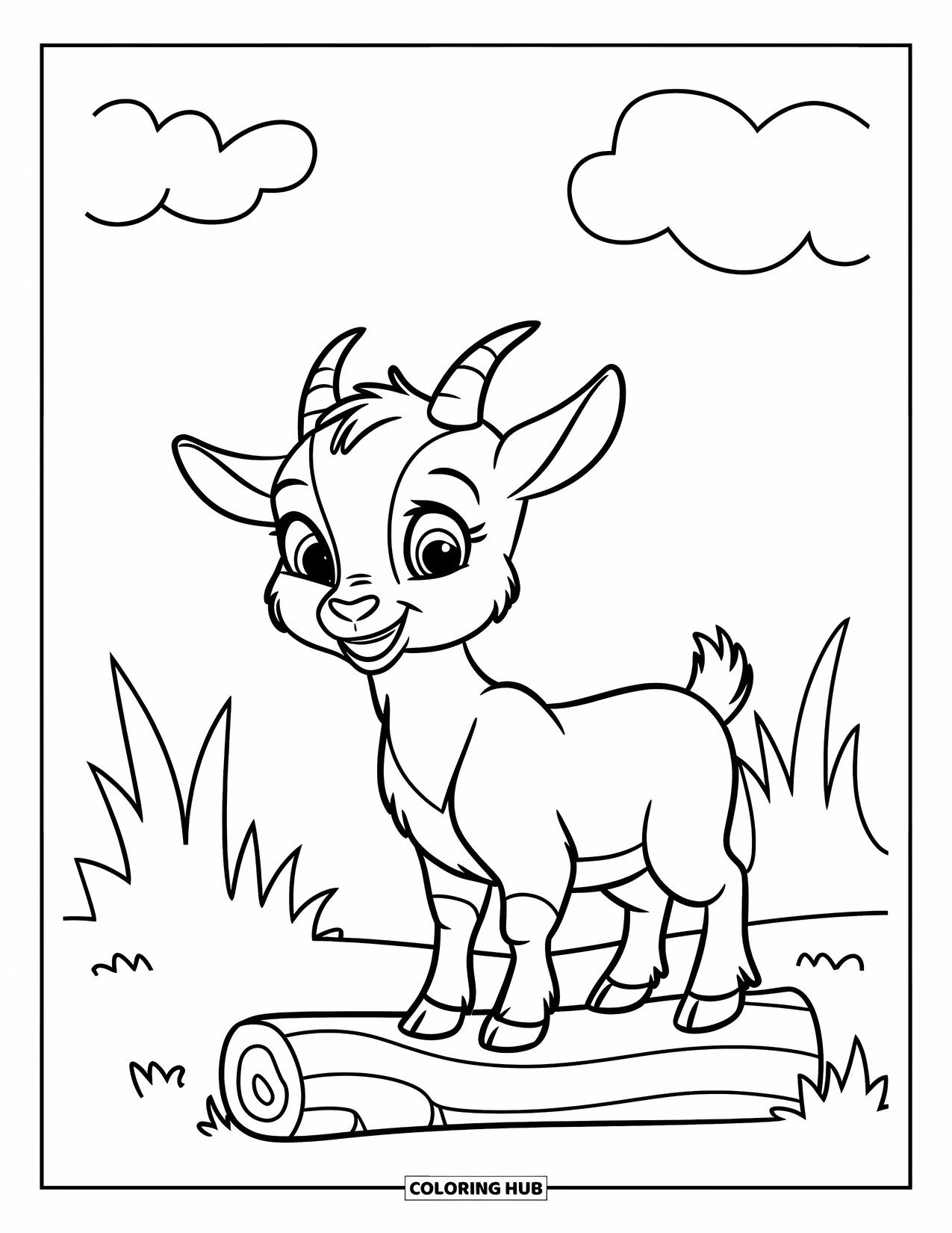 Disegno di una capra per bambini: Un capretto si erge felicemente su un tronco con erba e una nuvola sopra