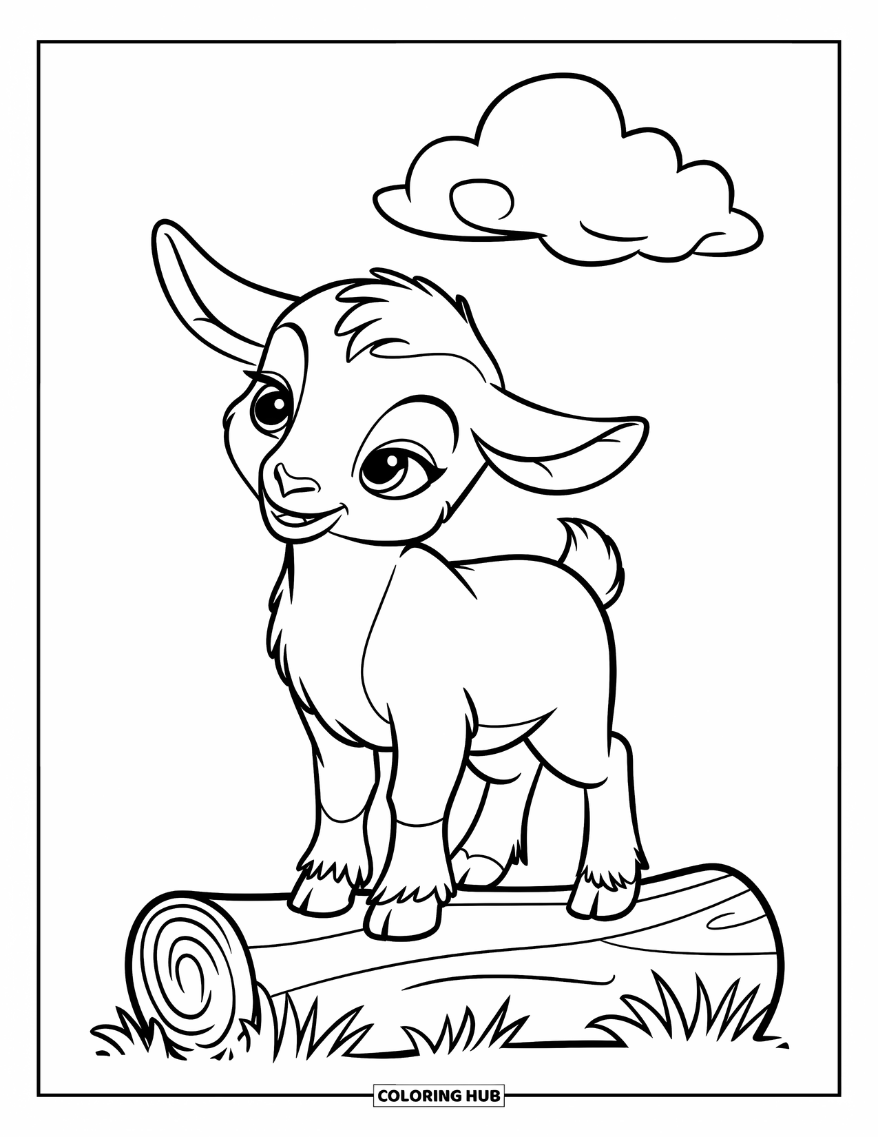 Disegno di una capra per bambini: Un capretto si trova su un tronco sotto una soffice nuvola bianca