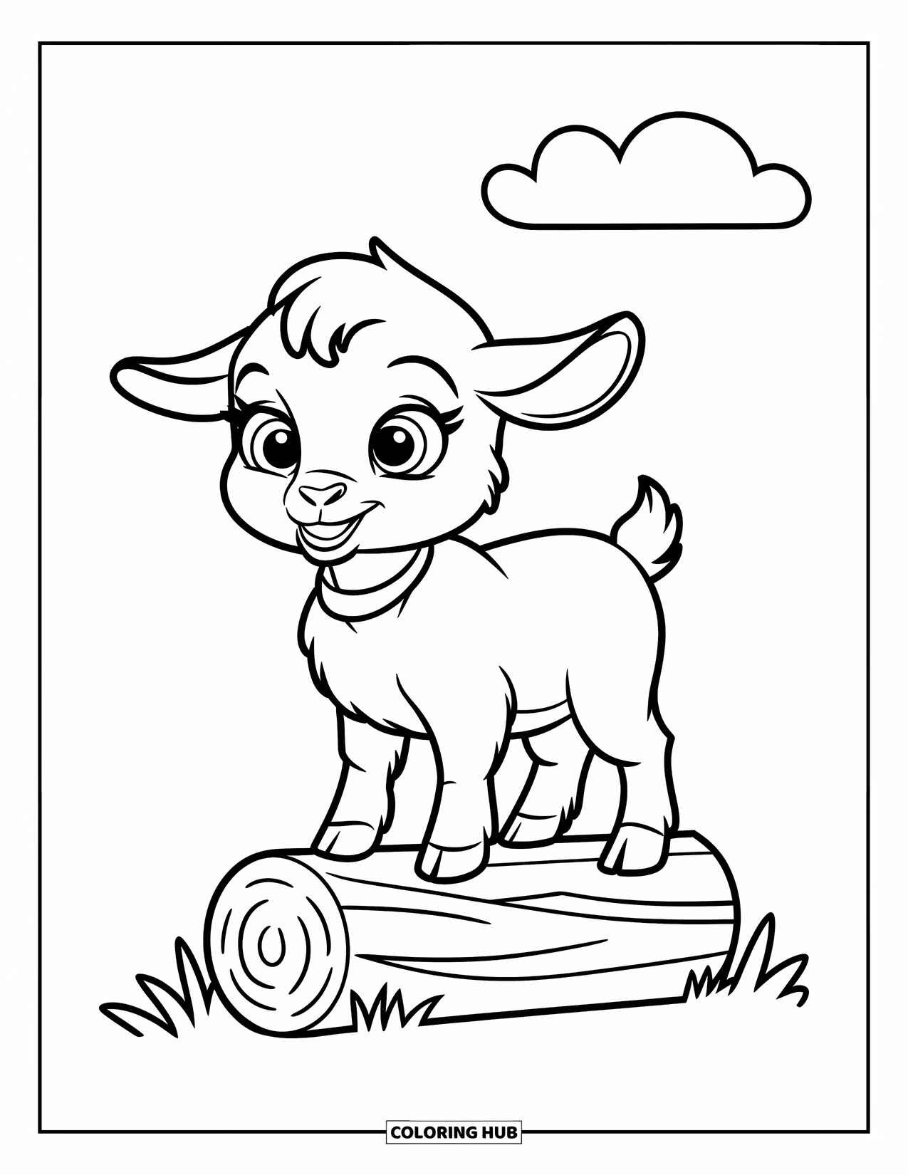 Disegno di una capra per bambini: Un capretto con grandi occhi si trova su un tronco nell'erba