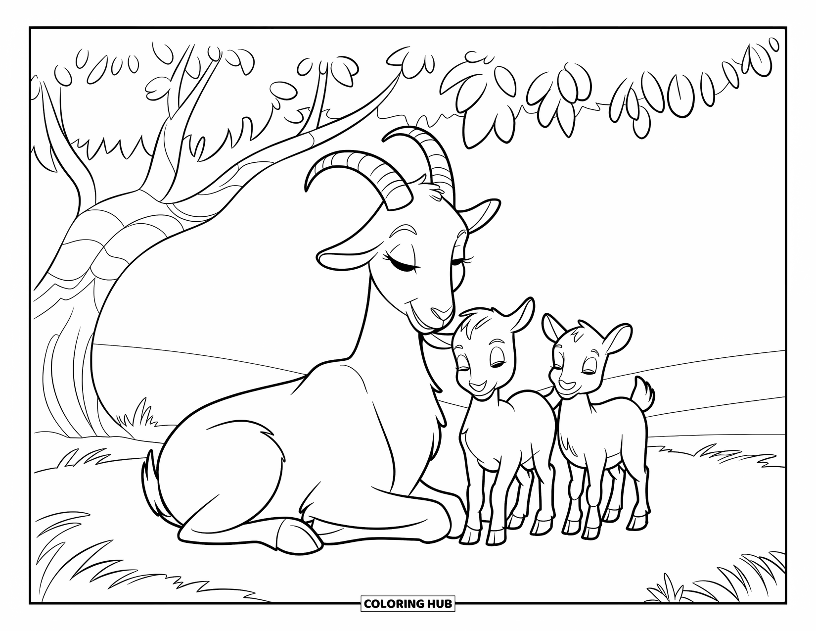 Disegno di una capra per bambini: Una mamma capra calma e i suoi capretti riposano sotto un albero frondoso su un terreno erboso