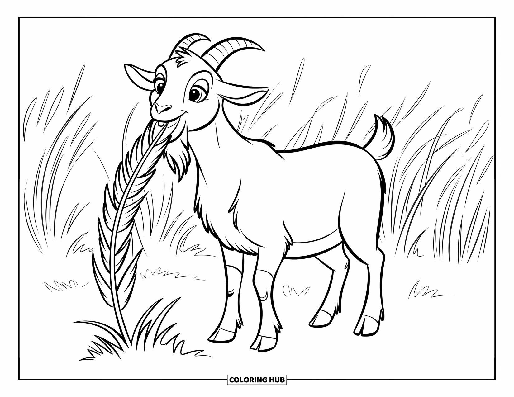 Disegno di una capra per bambini: Una capra allegra si gusta un boccone d'erba in un campo soleggiato