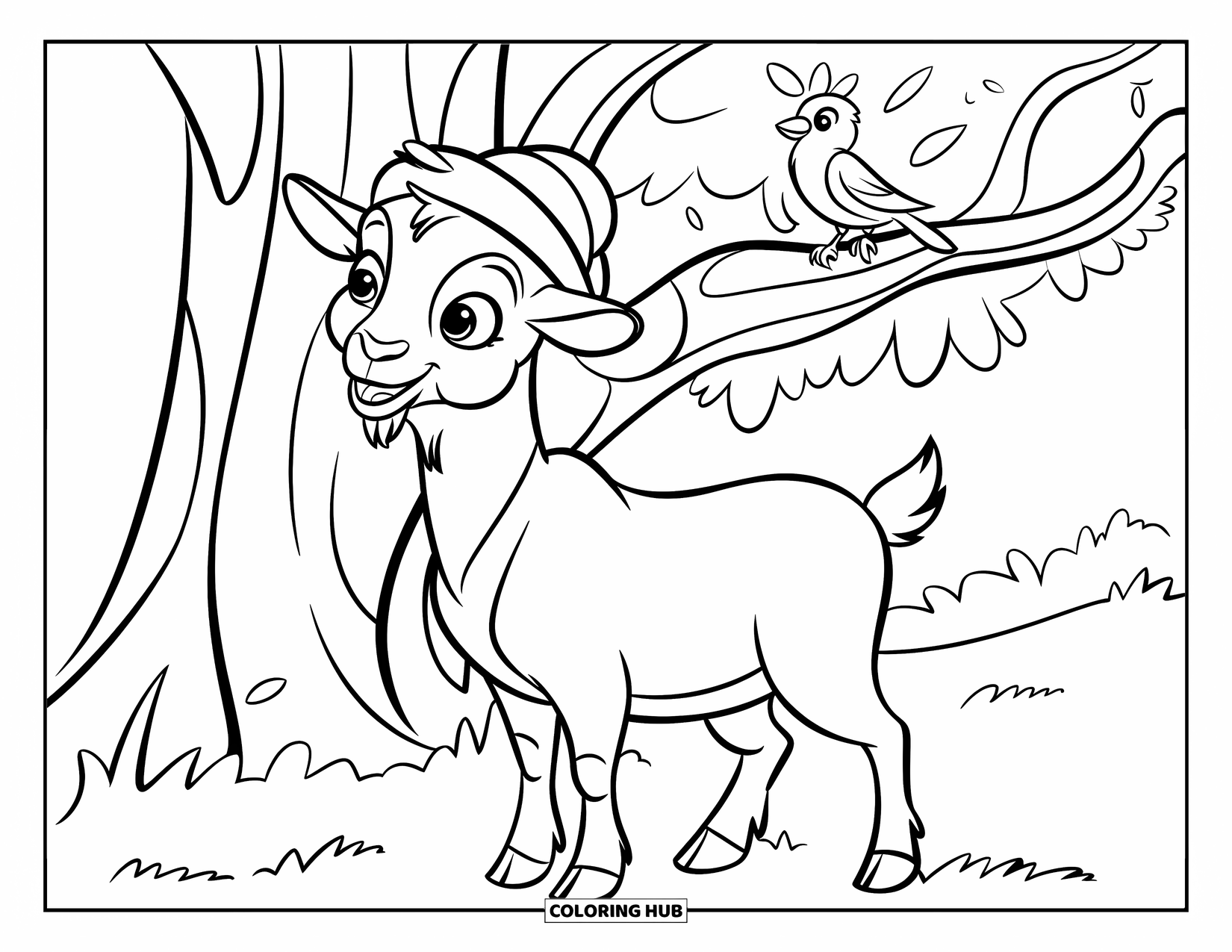 Disegno di una capra per bambini: Una capra allegra con un cappello si trova accanto a un albero in un campo soleggiato