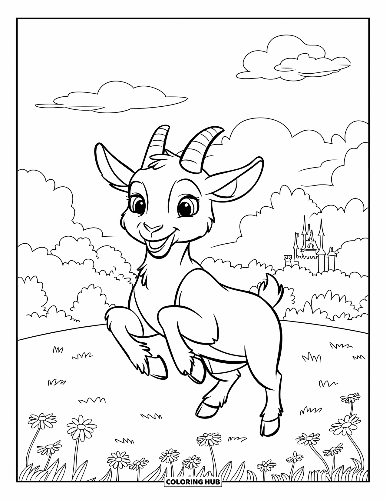 Disegno di una capra per bambini: Una capra allegra salta in un prato pieno di fiori con un castello sullo sfondo