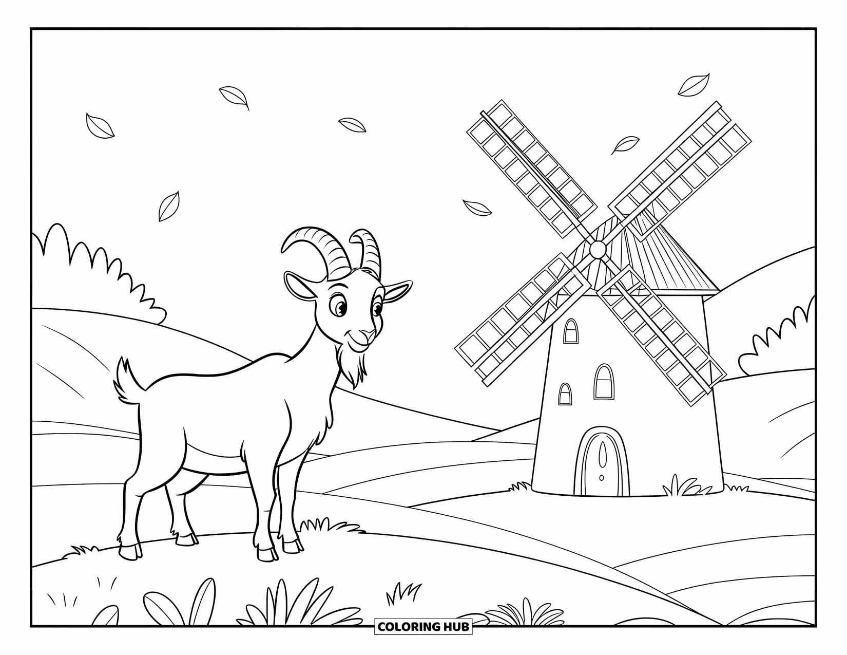 Disegno di una capra per bambini: Una capra allegra si trova vicino a un mulino a vento sotto un cielo luminoso con foglie che fluttuano