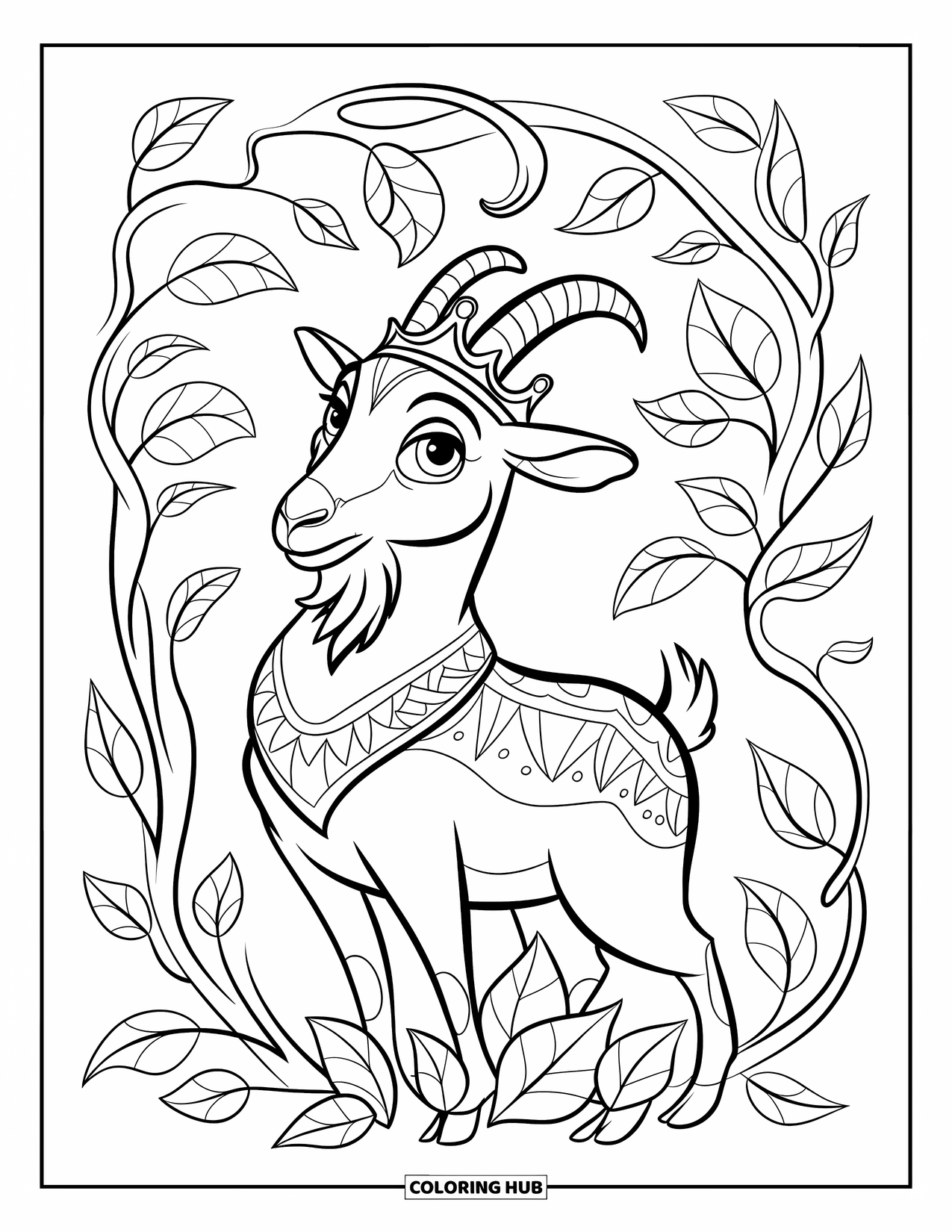 Disegno di una capra per bambini: Una capra incoronata si erge circondata da viticci e foglie di bosco