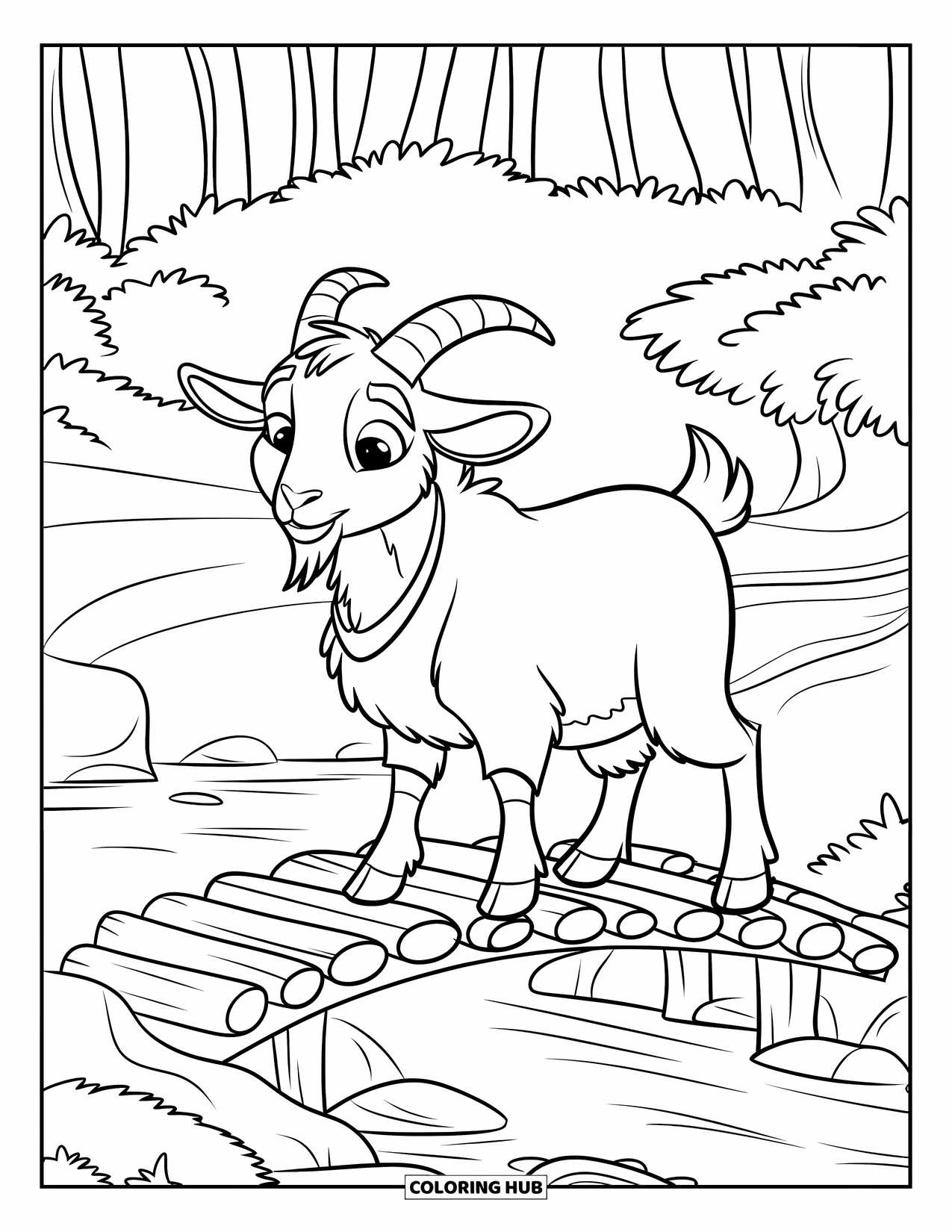 Disegno di una capra per bambini: Una capra curiosa si trova su un ponte di legno sopra un ruscello tranquillo