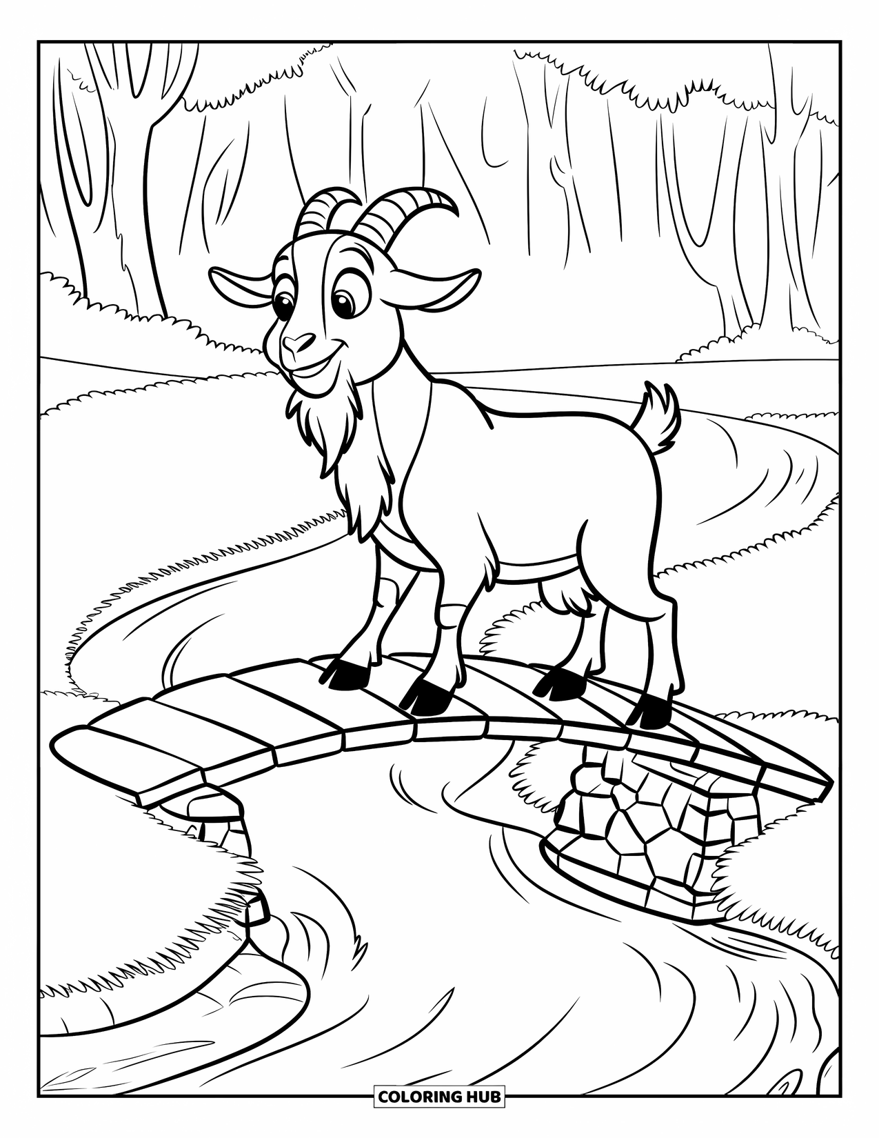 Disegno di una capra per bambini: Una capra soffice con un cappotto si trova su un ponte sopra un ruscello tranquillo