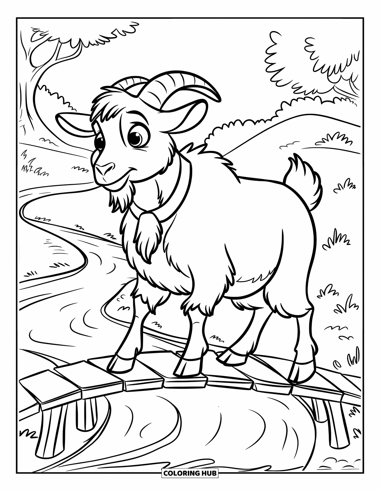 Disegno di una capra per bambini: Una capra soffice con un collare si trova su un ponte in una valle boscosa