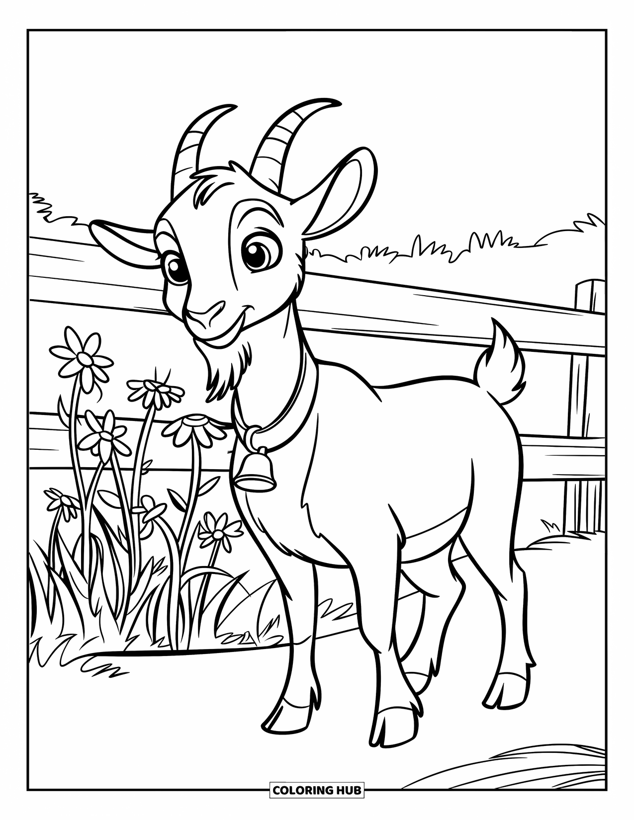Disegno di una capra per bambini: Una capra amichevole con un campanello si trova vicino a fiori di campo in fiore e a una staccionata di legno