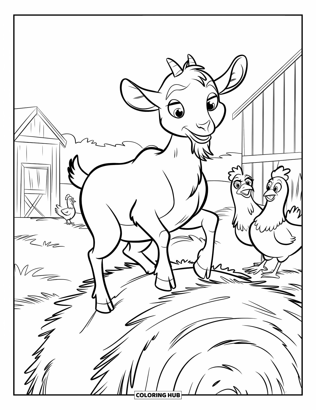 Disegno di una capra per bambini: Una capra si equilibra su una balla di fieno mentre i polli osservano