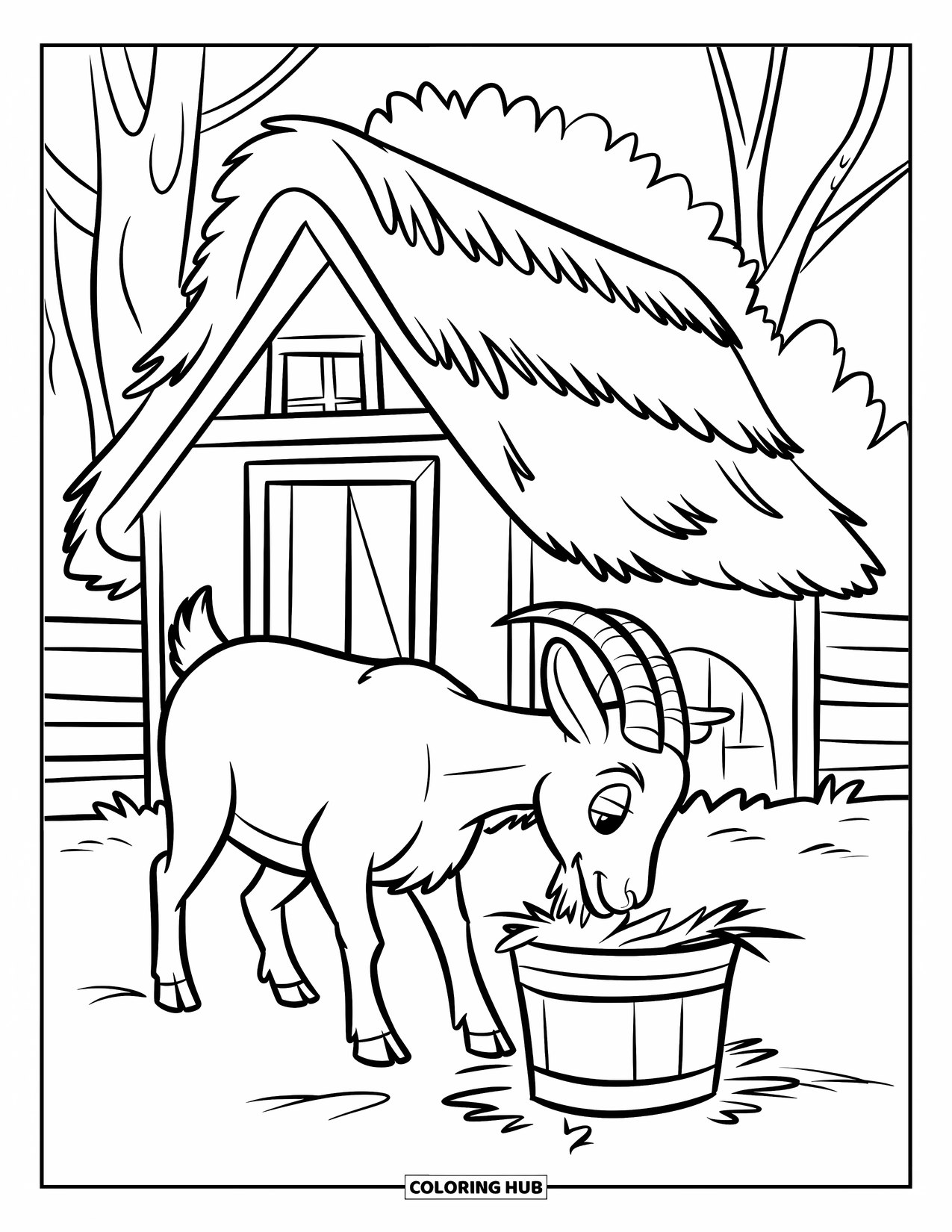 Disegno di una capra per bambini: Una capra mangia fieno accanto a un piccolo fienile con alberi sullo sfondo