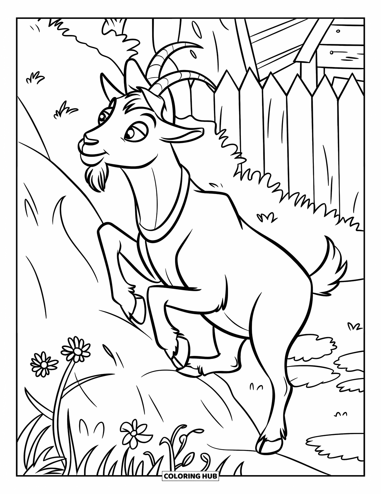 Disegno di una capra per bambini: Una capra con un cappello si arrampica su colline rocciose cosparse di fiori