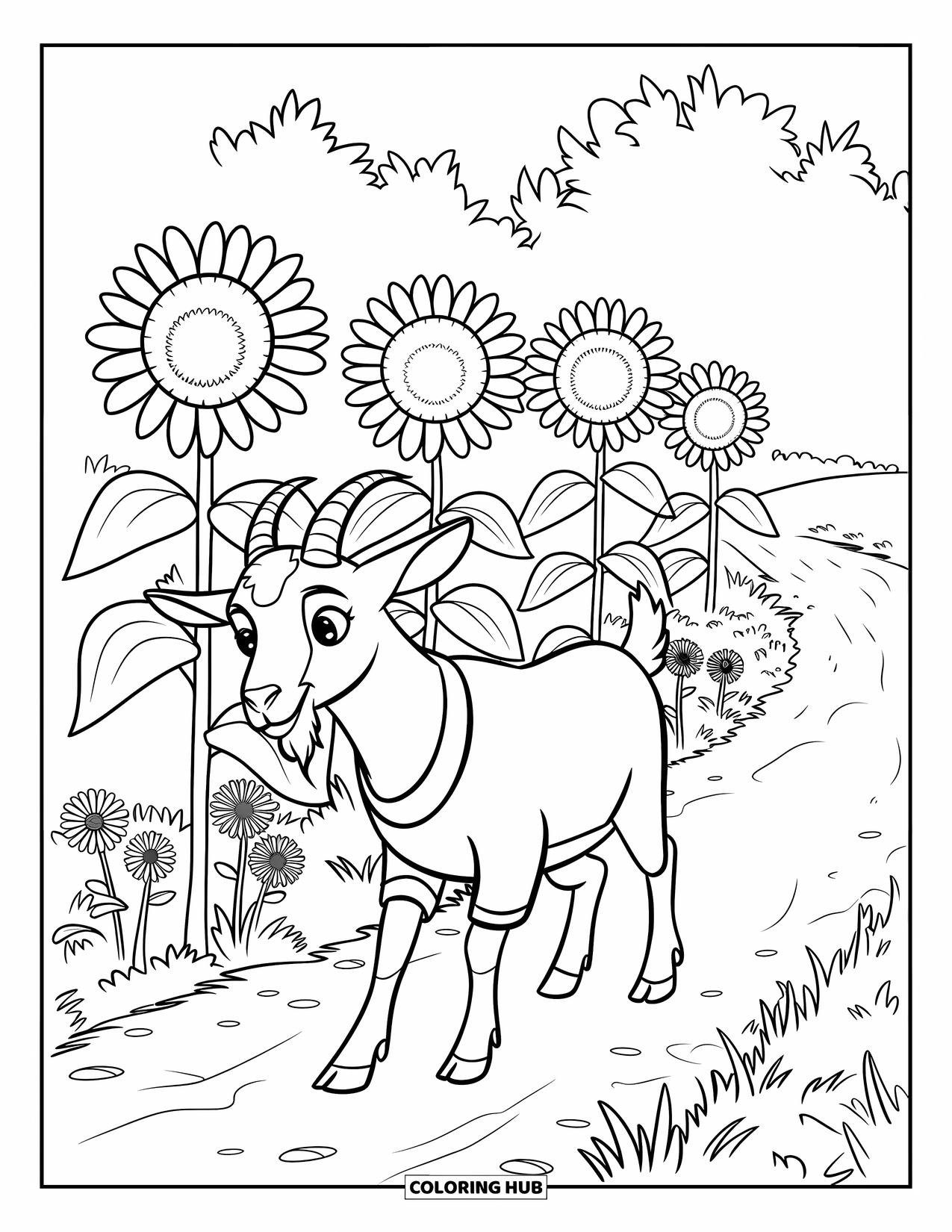 Disegno di una capra per bambini: Una capra con un maglione cammina accanto a girasoli e chiazze erbose