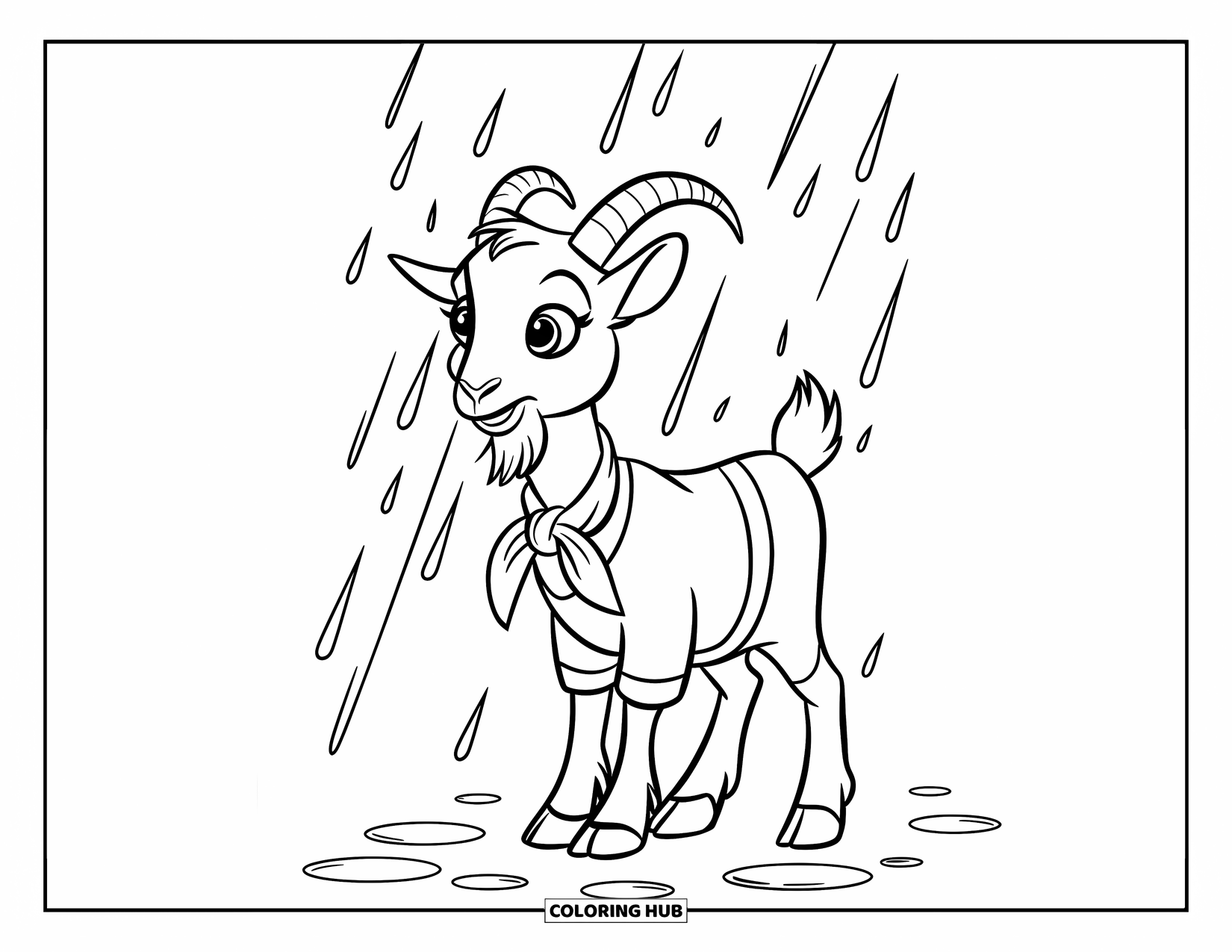 Disegno di una capra per bambini: Una capra con una maglietta gialla e una sciarpa blu si trova sotto la pioggia