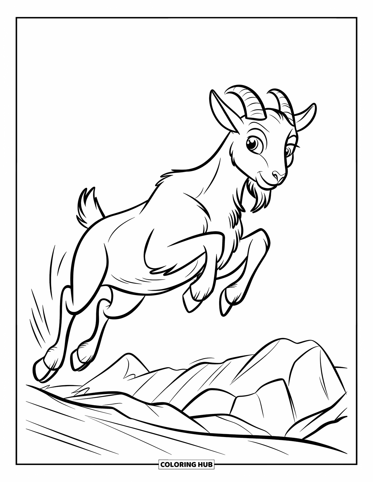 Disegno di una capra per bambini: Una capra salta a mezz'aria sopra rocce scoscese con occhi espressivi e piena di energia
