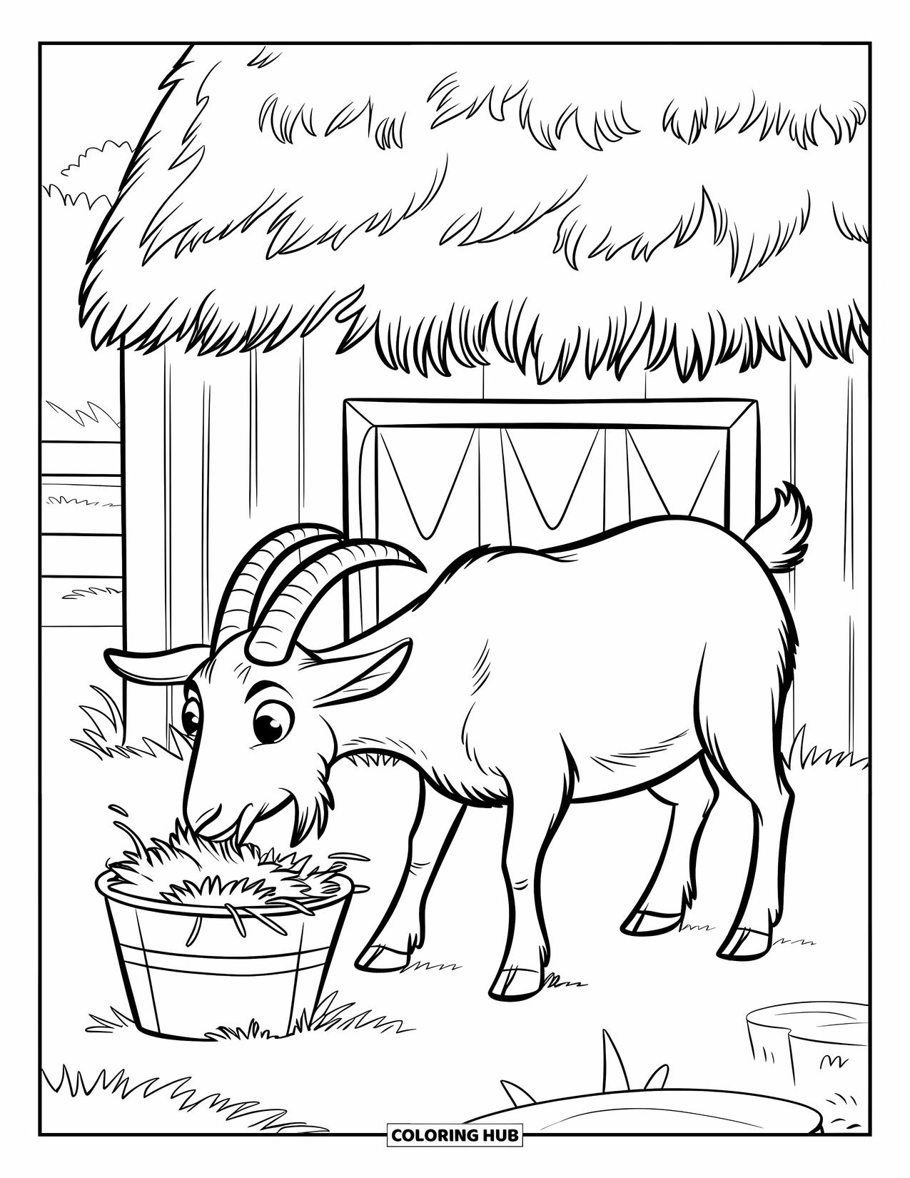 Disegno di una capra per bambini: Una capra mangia fieno da un secchio vicino a un piccolo fienile