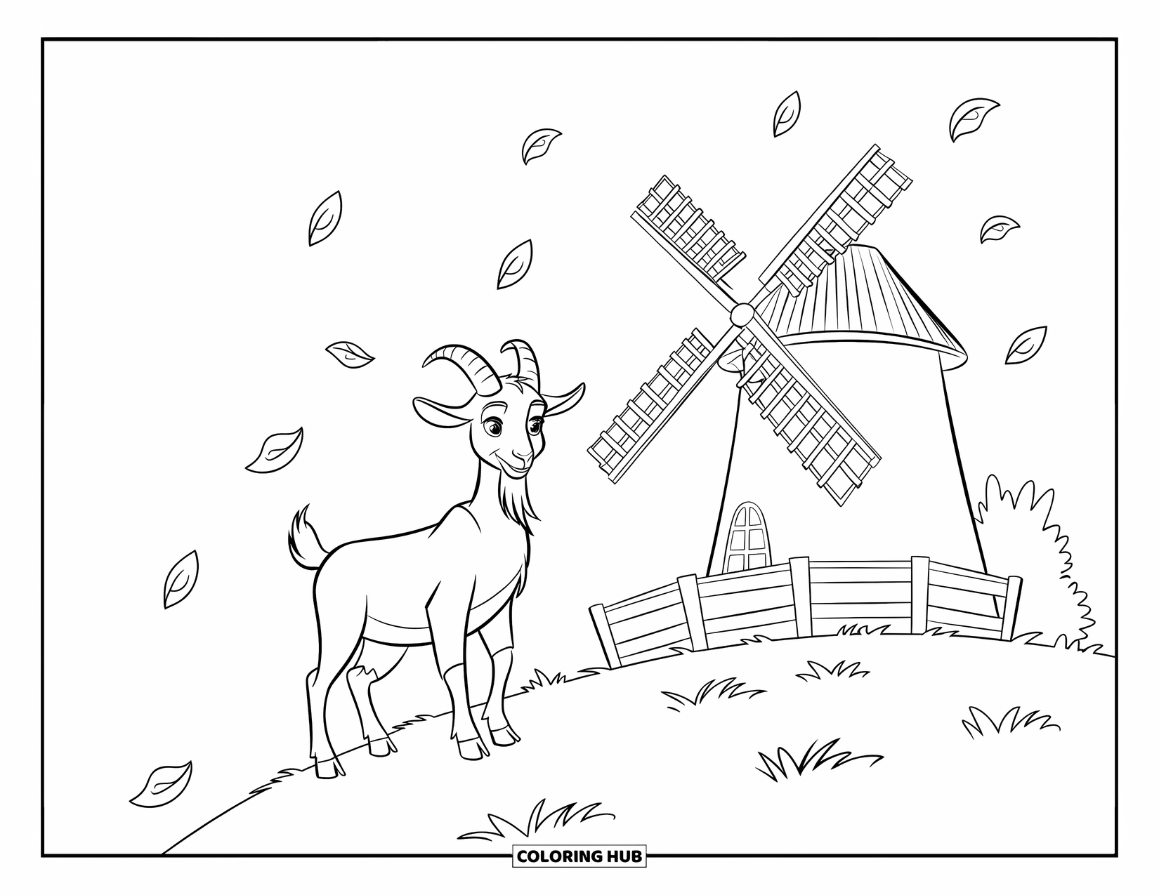 Disegno di una capra per bambini: Una capra riposa su una collina vicino a un mulino a vento mentre le foglie turbinano nella brezza