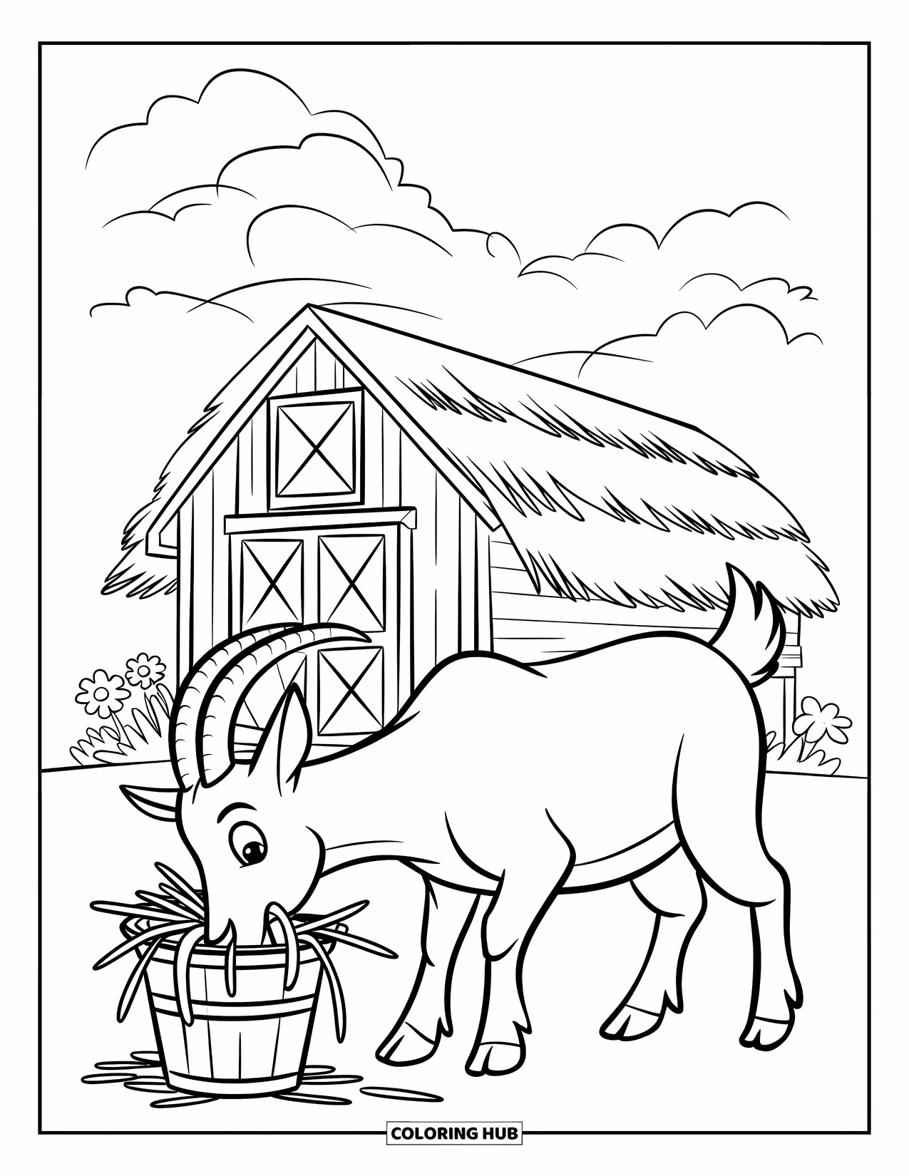 Disegno di una capra per bambini: Una capra si trova vicino a un fienile, mangiando felicemente fieno da un secchio