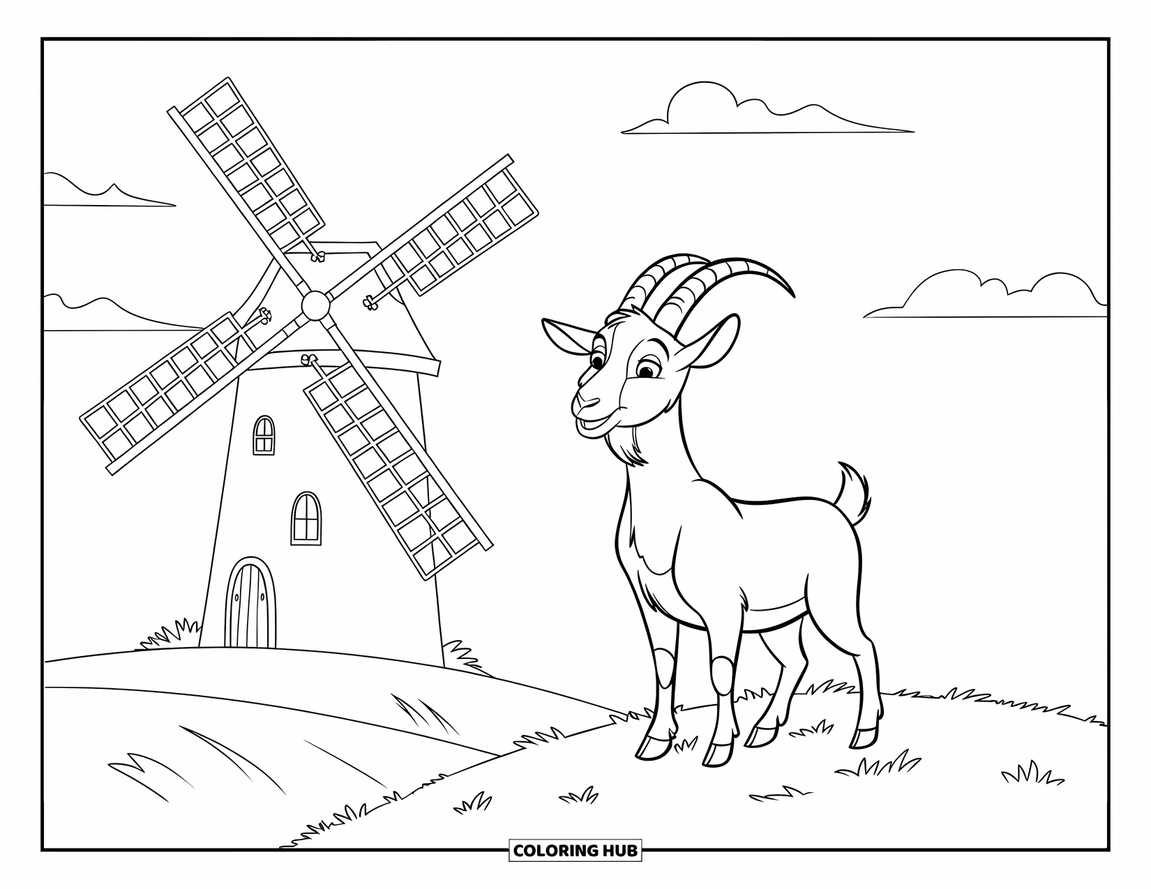 Disegno di una capra per bambini: Una capra si trova su una collina erbosa accanto a un mulino a vento con foglie che soffiano dolcemente