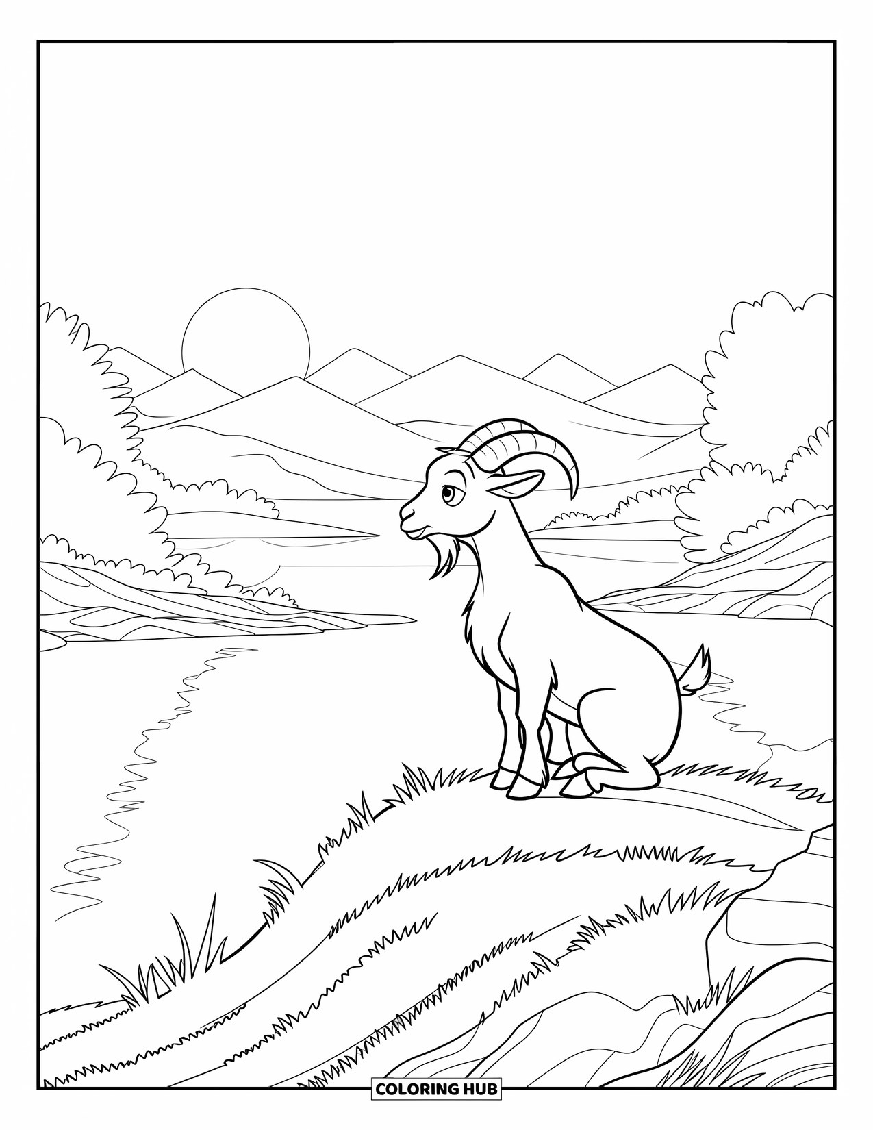 Disegno di una capra per bambini: Una capra si trova sulla cima di una collina, guardando l'alba sopra montagne tranquille