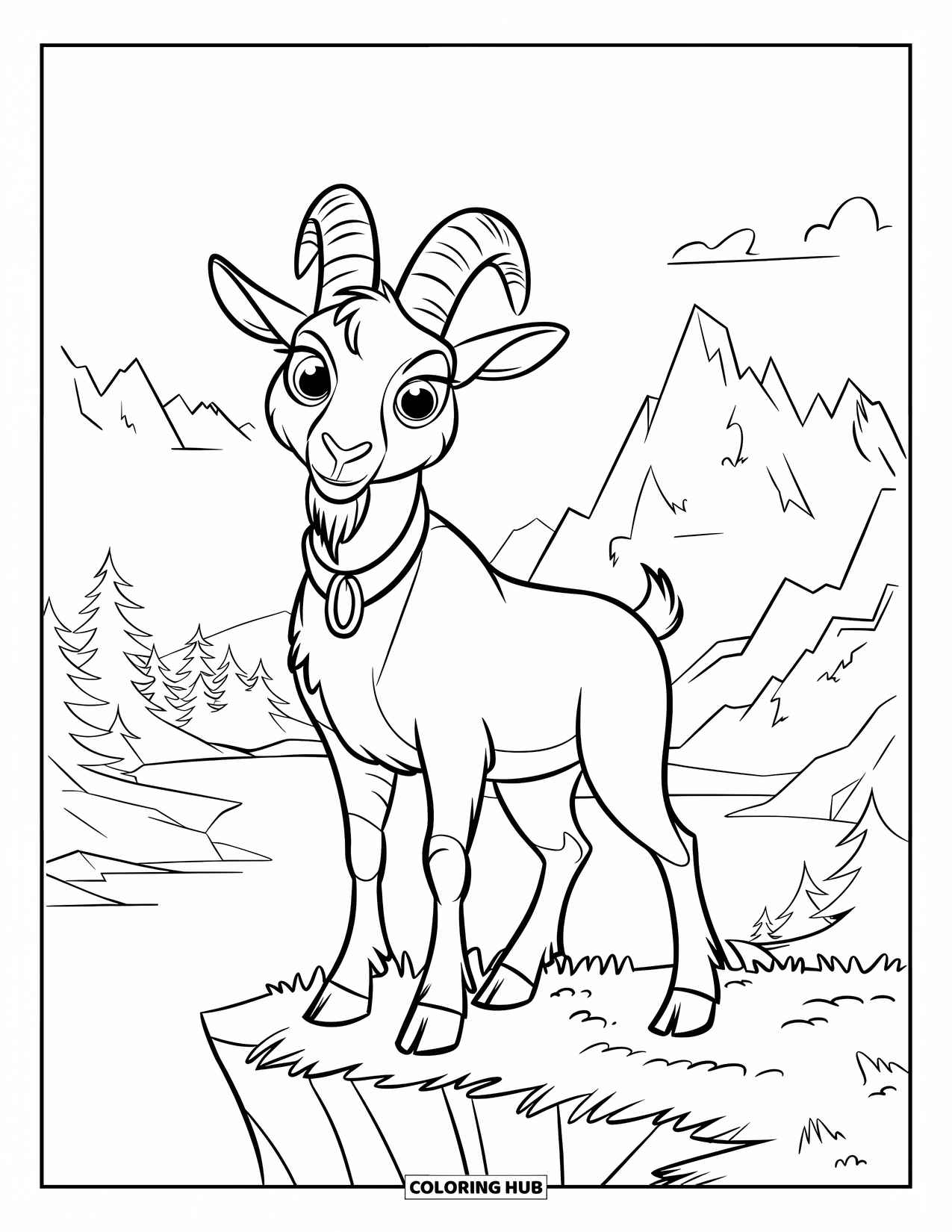 Disegno di una capra per bambini: Una capra si erge alta su una scogliera con montagne e alberi in lontananza