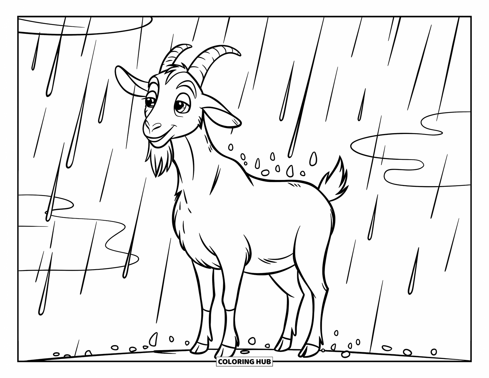 Disegno di una capra per bambini: Una capra si trova sotto una pioggia leggera con nuvole sopra e uno sguardo calmo